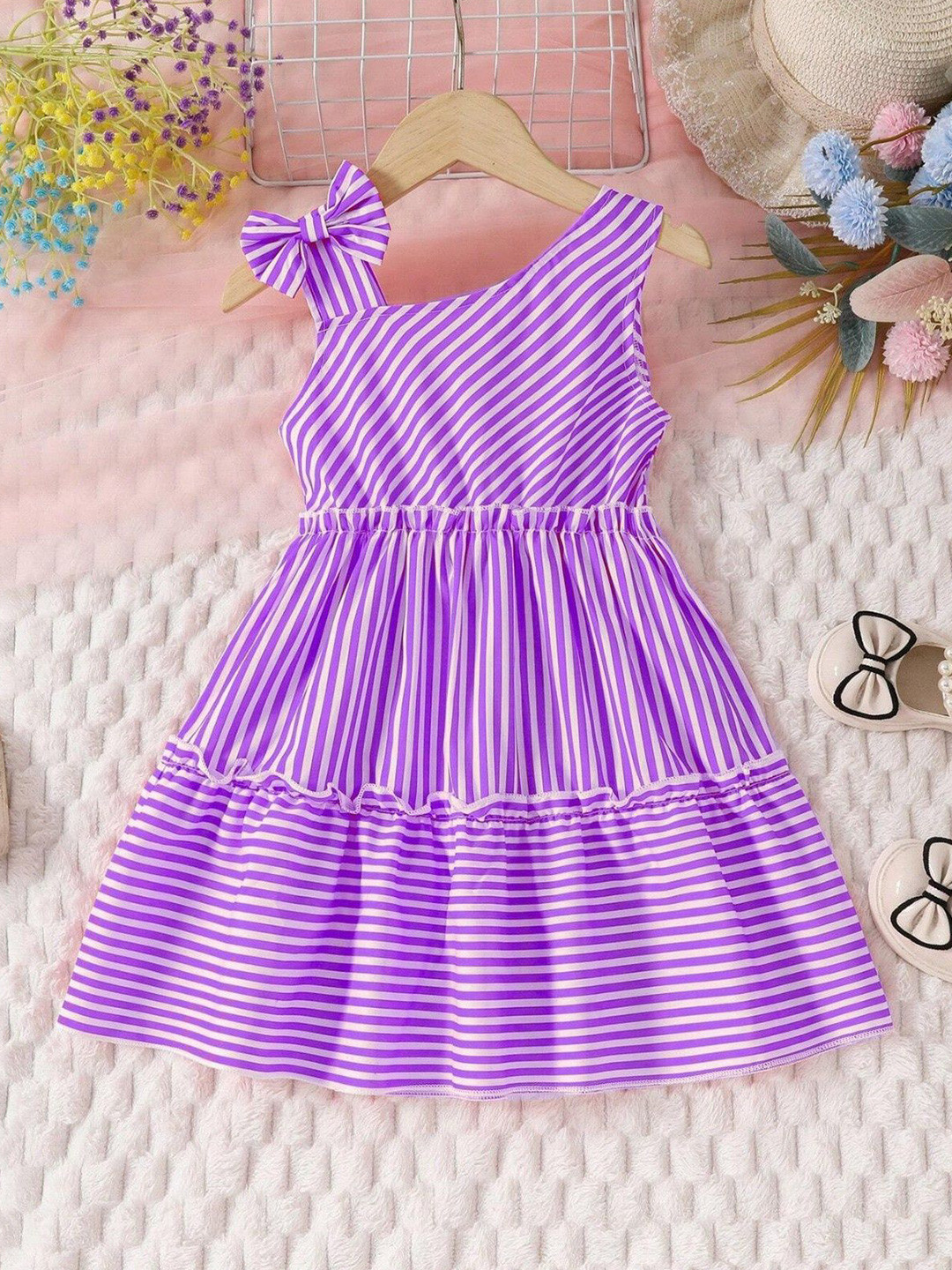 Miss & Chief Striped Asymmetric Neck  A-Line Dress