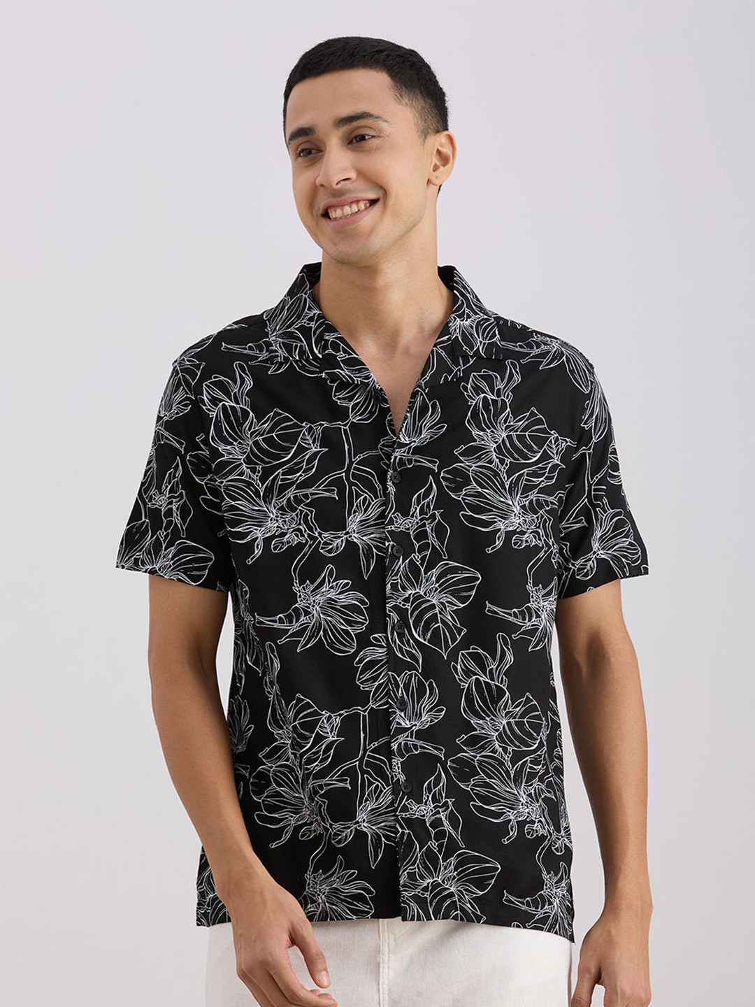 VALEN CLUB Floral Printed Cuban Collar Cotton Casual Shirt