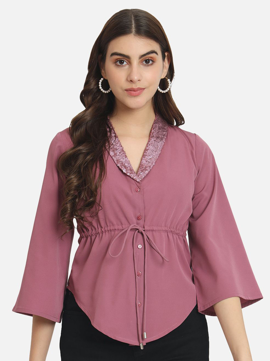 OTIRA Women Sequined Embellished Flared Sleeves Button Top