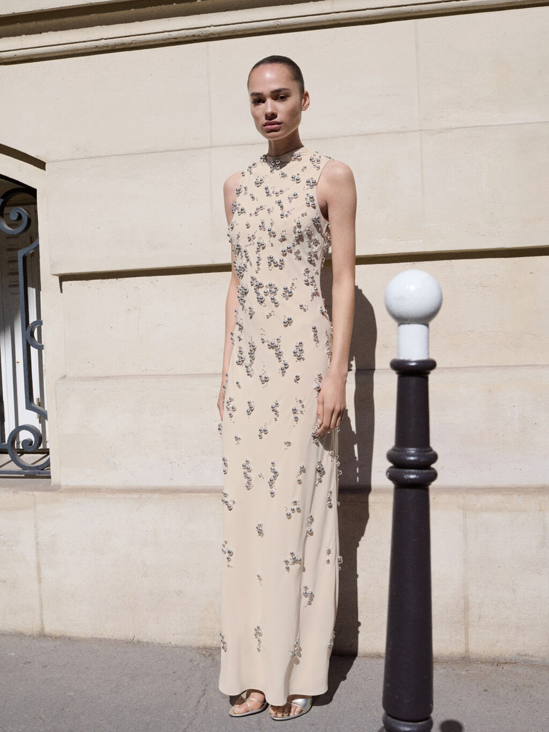 MANGO SELECTION Beads Studded High-Neck Maxi Sheath Party Dress