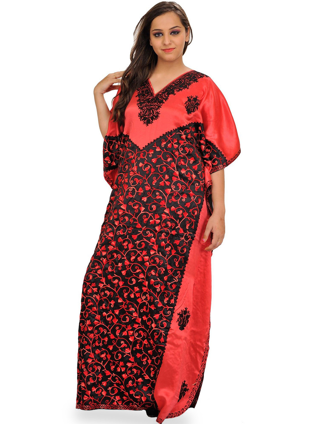 Exotic India Women Silk Kaftan from Kashmir with Aari Embroidered Paisleys