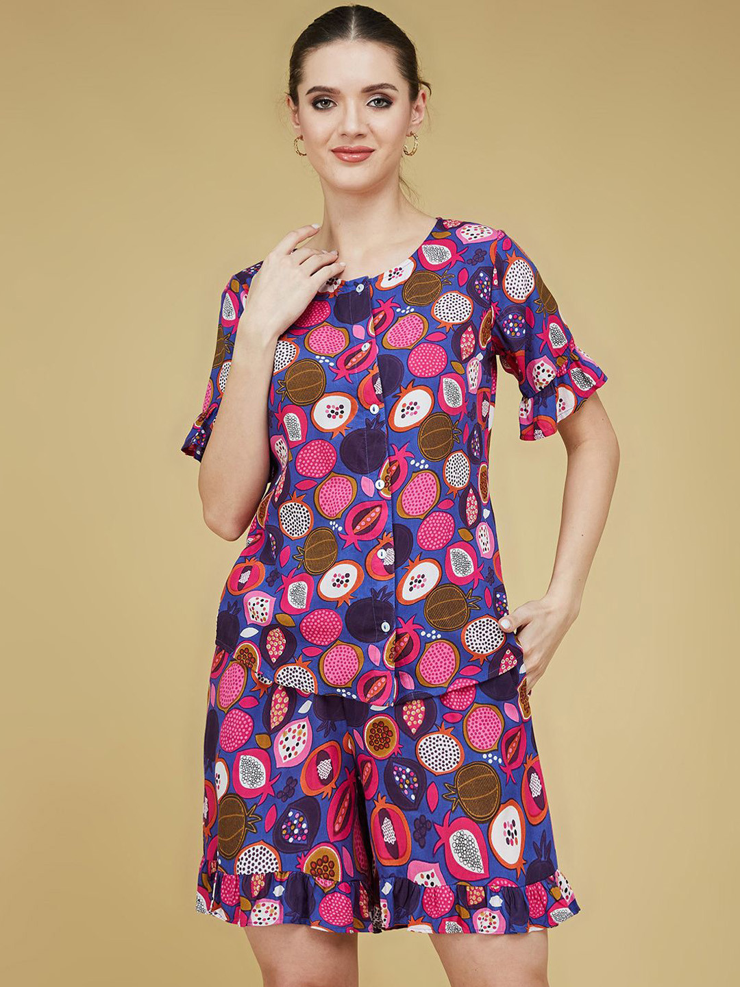 DressBerry Printed Round Neck    Ruffled Sleeves Hem Short Top With Shorts Co-Ords