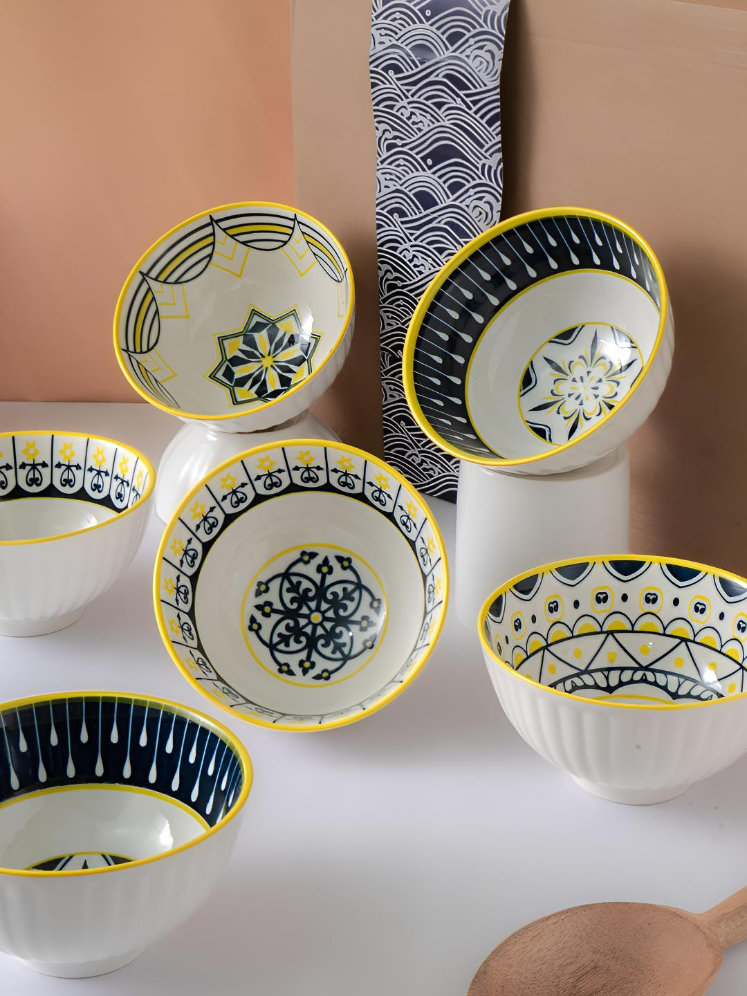 Femora White & Yellow 6 Pieces Ceramic Dishwasher and Microwave Safe Serving Bowl
