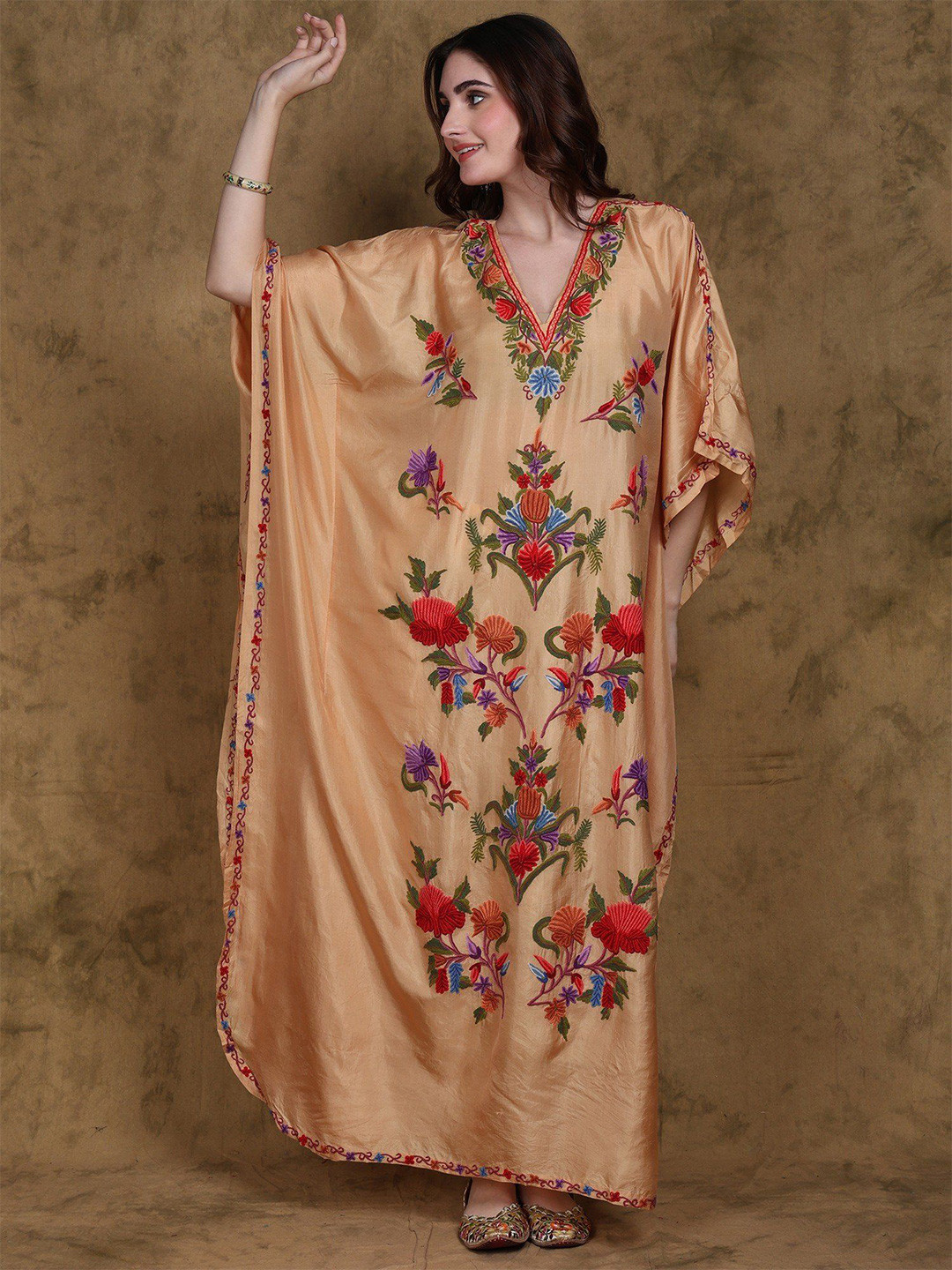 Exotic India Women Honey-Peach Pure Silk Floral Embroidered Long Kaftan From Kashmir