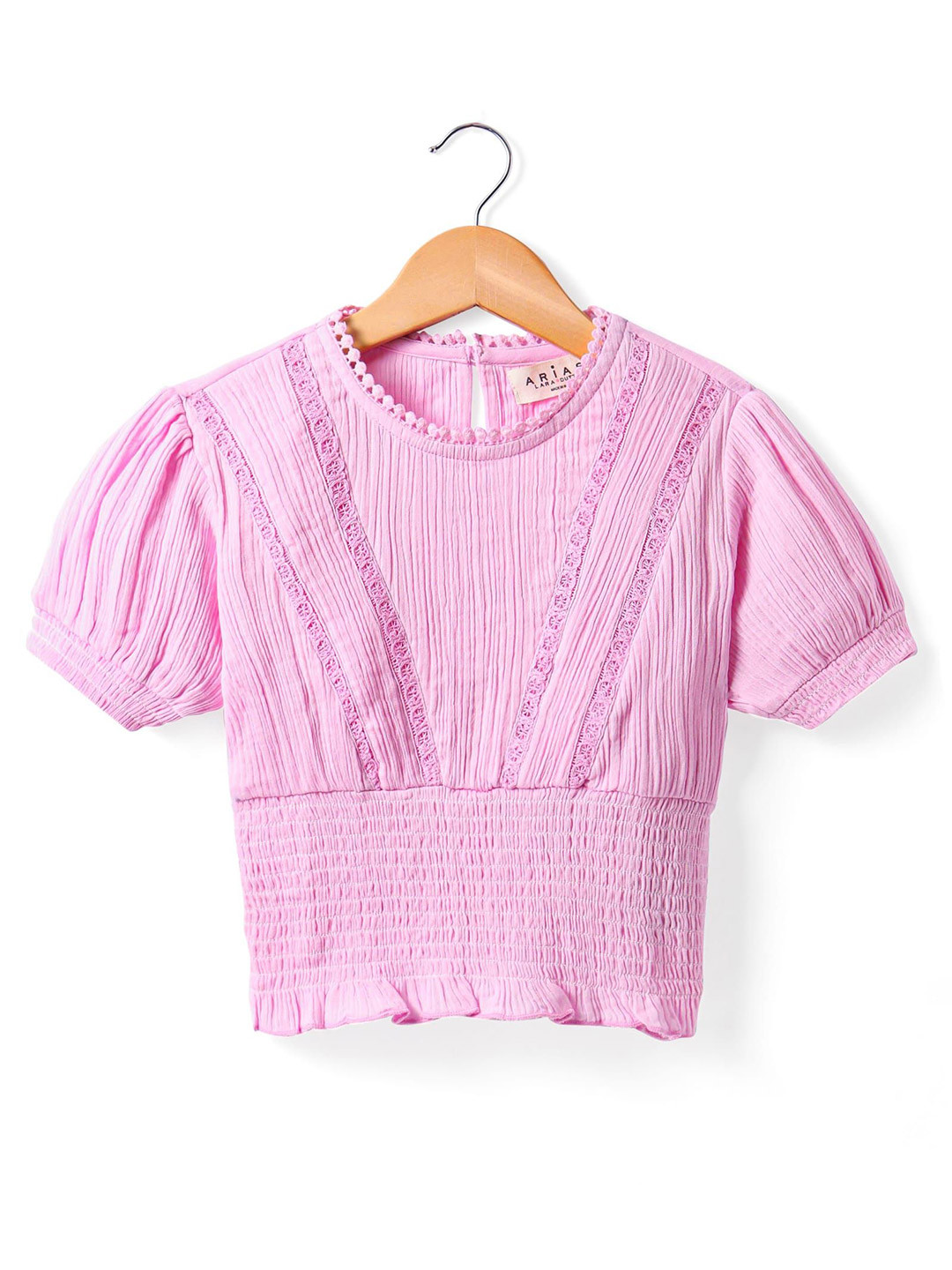 ARIAS By LARA DUTTA Girls Round Neck Puff Sleeves Lace Inserts & Smocked Details Top