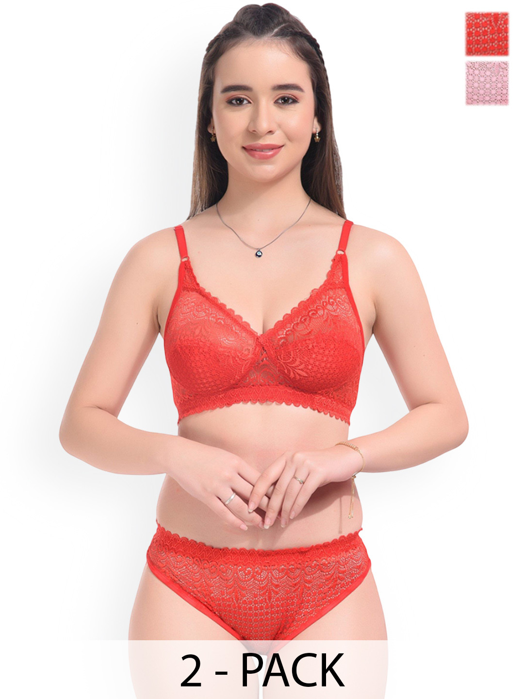 DHANDAI FASHION Pack Of 2 Self Design Lingerie Sets Decent Set-Pink Red (M-2-2P)