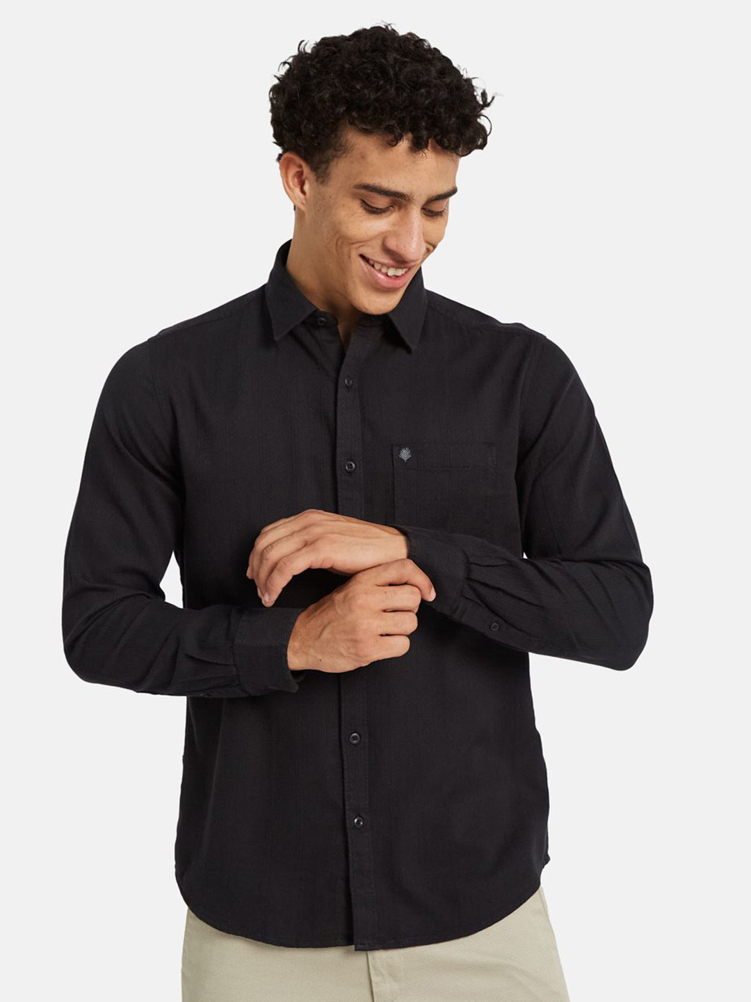 METTLE Textured Long Sleeves Spread Collar Cotton Opaque Regular Fit Casual Shirt