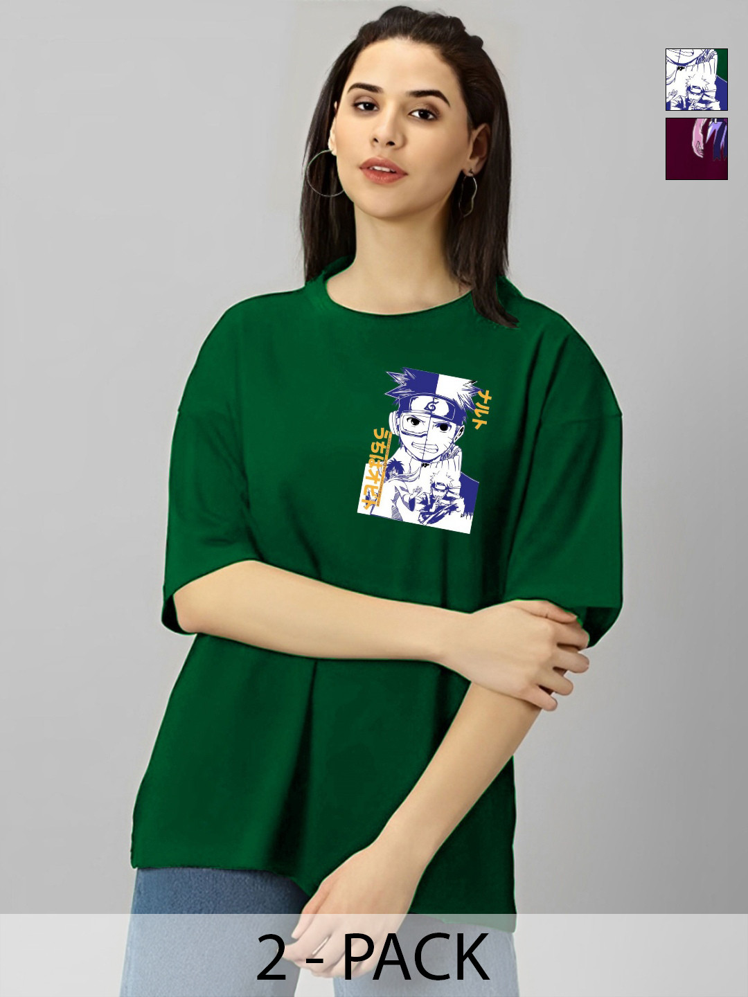 Parona Women Pack of 2 Naruto Graphic Printed Round Neck Oversized T-shirts