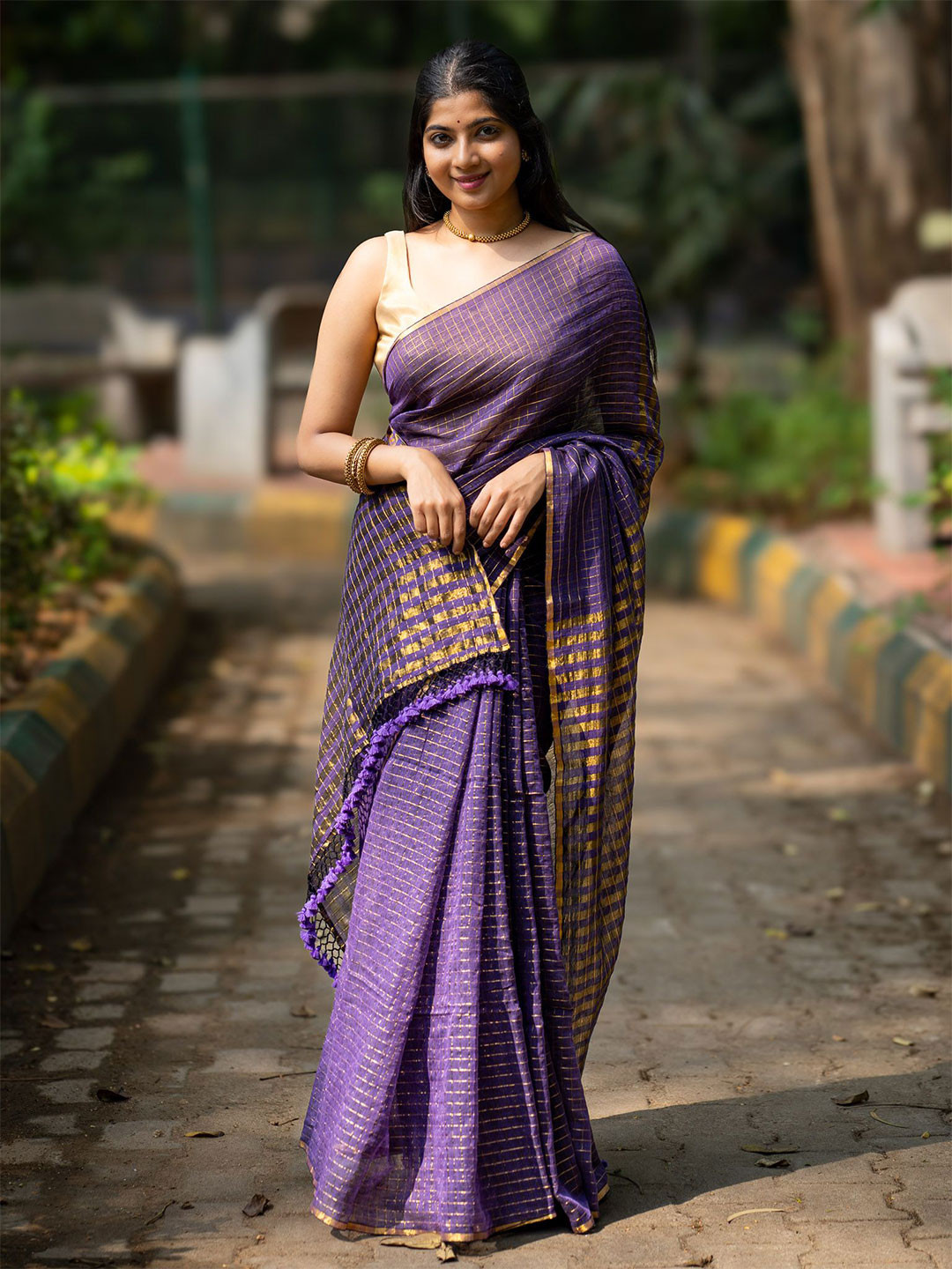 I LOVE SAREES Purple Bamboo Cotton Zari Checks Saree