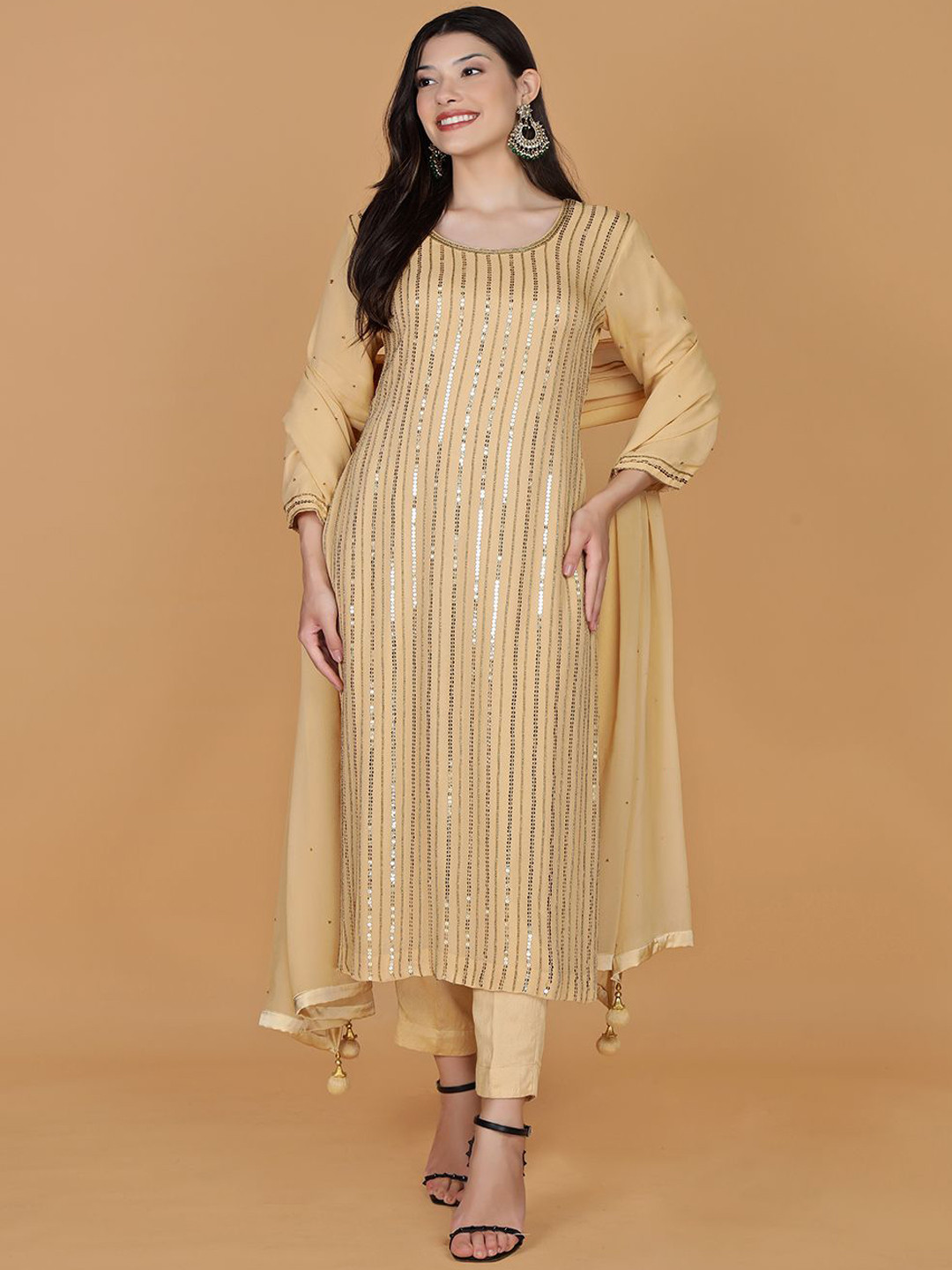 MILU MADAN Sequinnce Embellished Round Neck Georgette Kurta with Trousers & With Dupatta