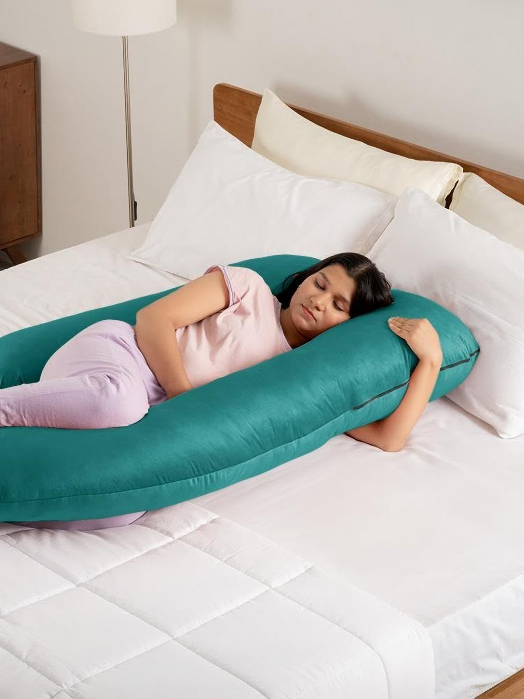 wakefit Blue Fibre Filled Faux Velvet J Shaped Maternity Pillow