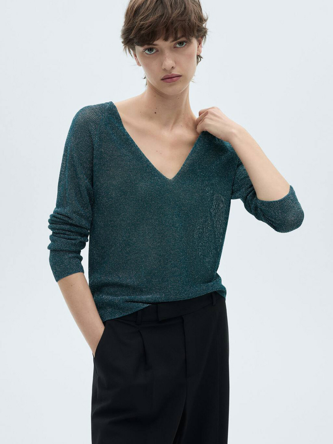 MANGO V-Neck Lurex Pullover