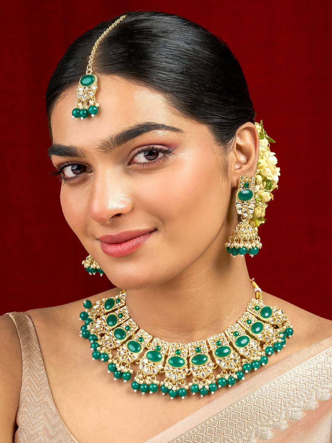 TEEJH Gold-Plated Kalika Green Stone-Studded & Beaded Jewellery Set