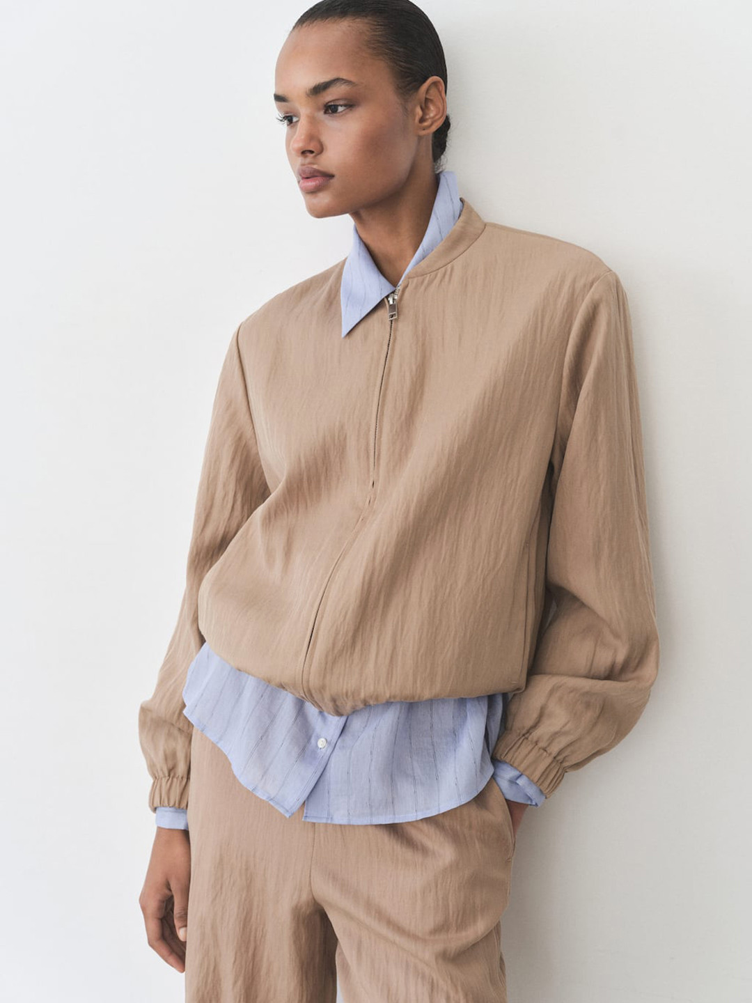 MANGO Crinkled Effect Stand Collar Bomber Jacket