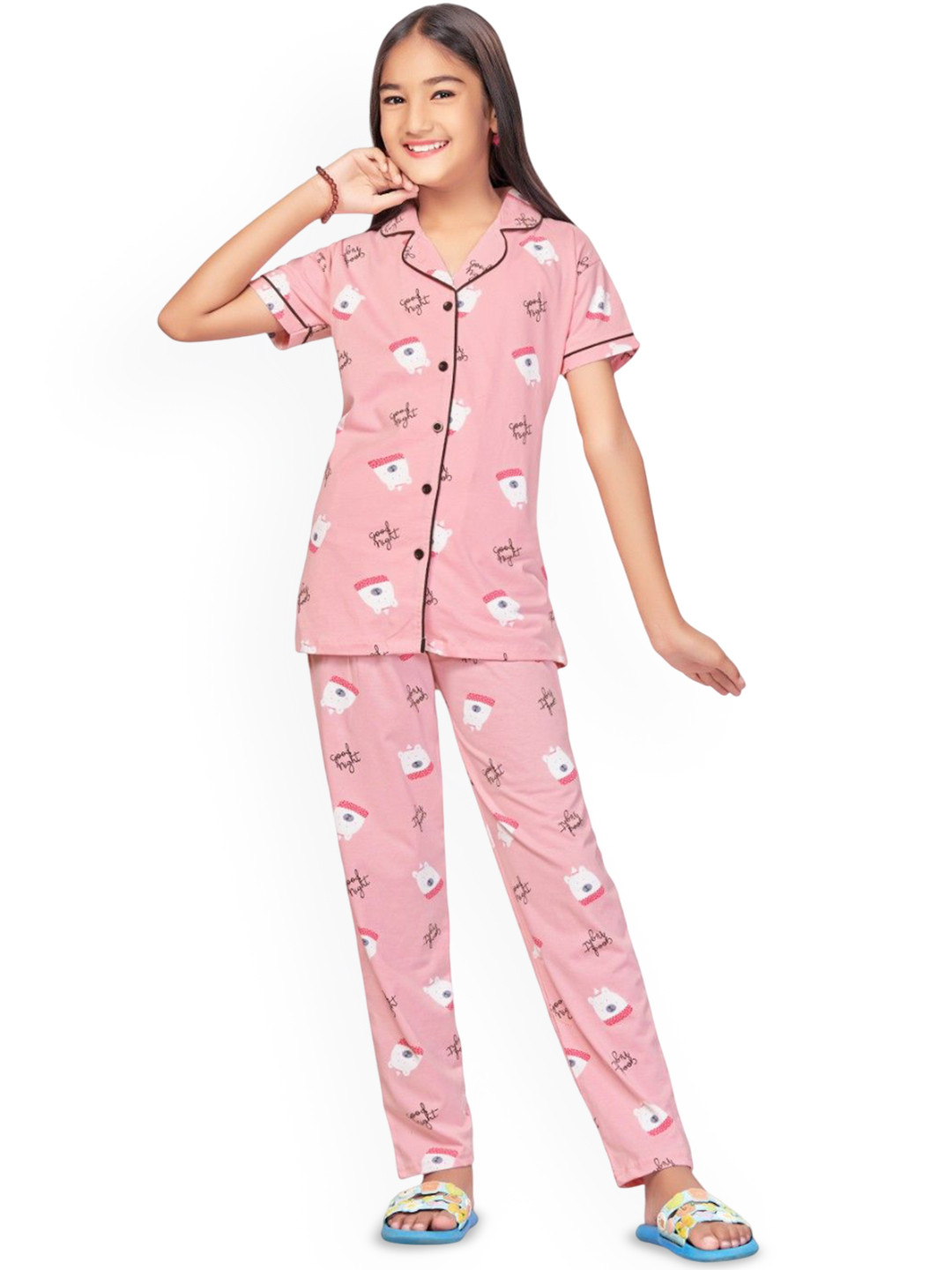 Bloem Girl's Graphic Printed Lapel Collar Pure Cotton Shirt & Pyjamas