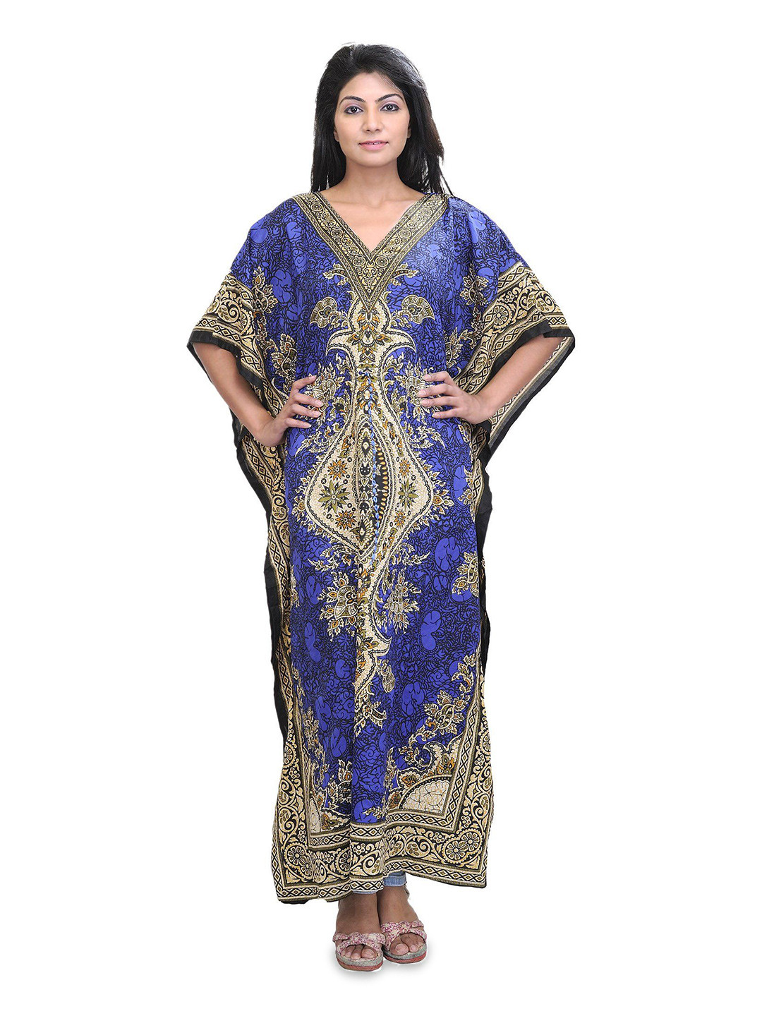 Exotic India Women Printed Maxi Kaftan Dress with Dori at Waist