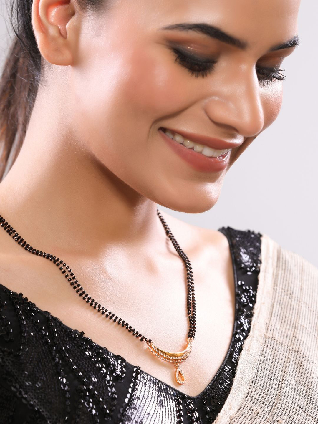 INC63 Gold-Plated Triple Layer American Diamond-Studded & Beaded Mangalsutra