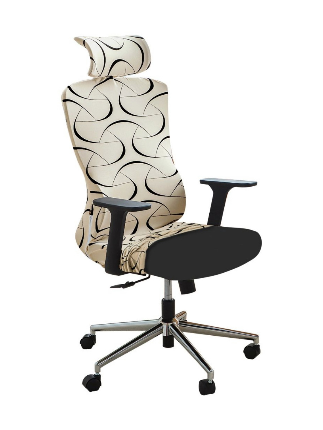 HOKIPO Beige & Black Abstract Printed Computer Rotated Chair Cover With Headrest Cover