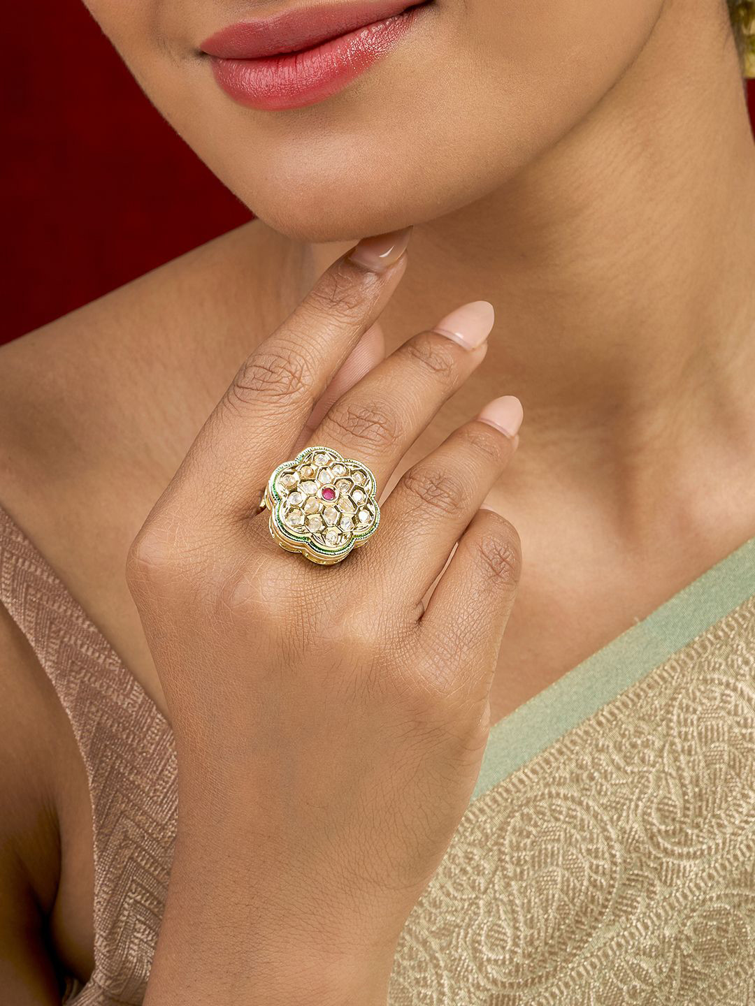 TEEJH Gold-Plated Stone-Studded Trinika Adjustable Finger Ring