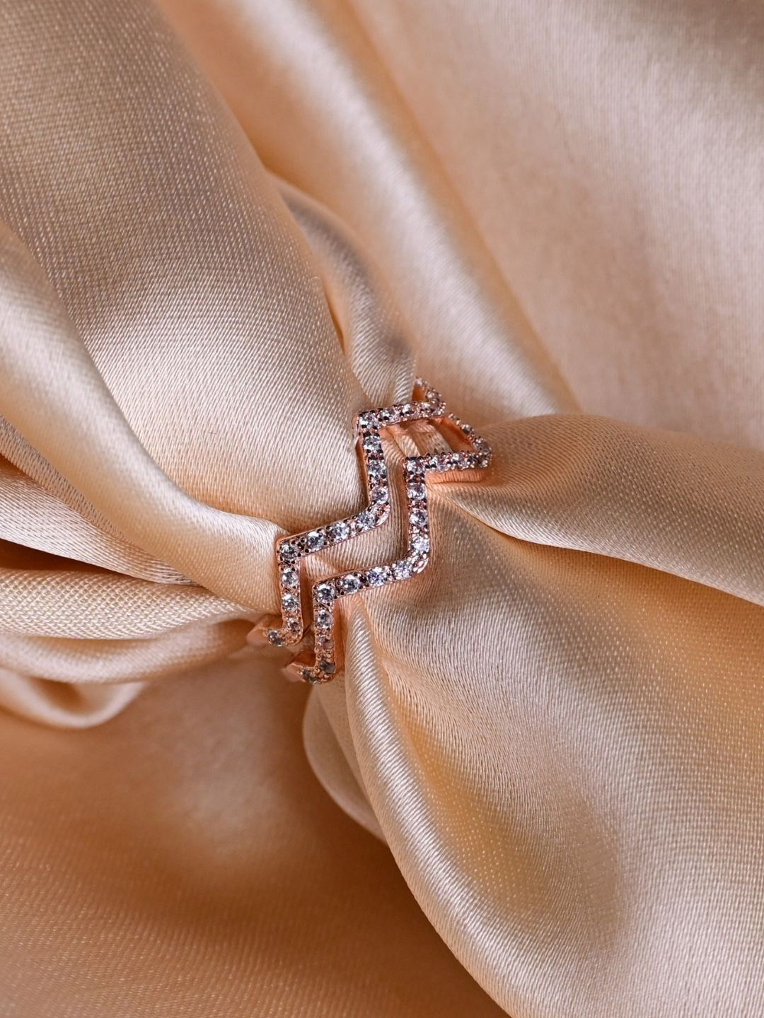 FAB COUTURE Rose Gold-Plated Zircon-Studded Adjustable ZigZag Crown Finger Ring