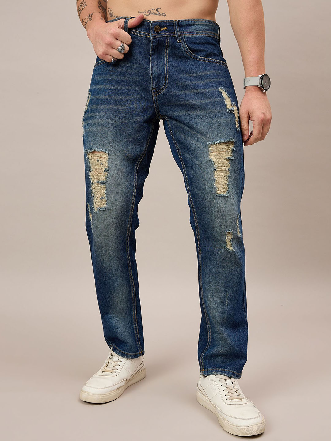 THE BEETEL HOUSE Men Narrow Tapered Fit Mid-Rise Highly Distressed Heavy Fade Jeans