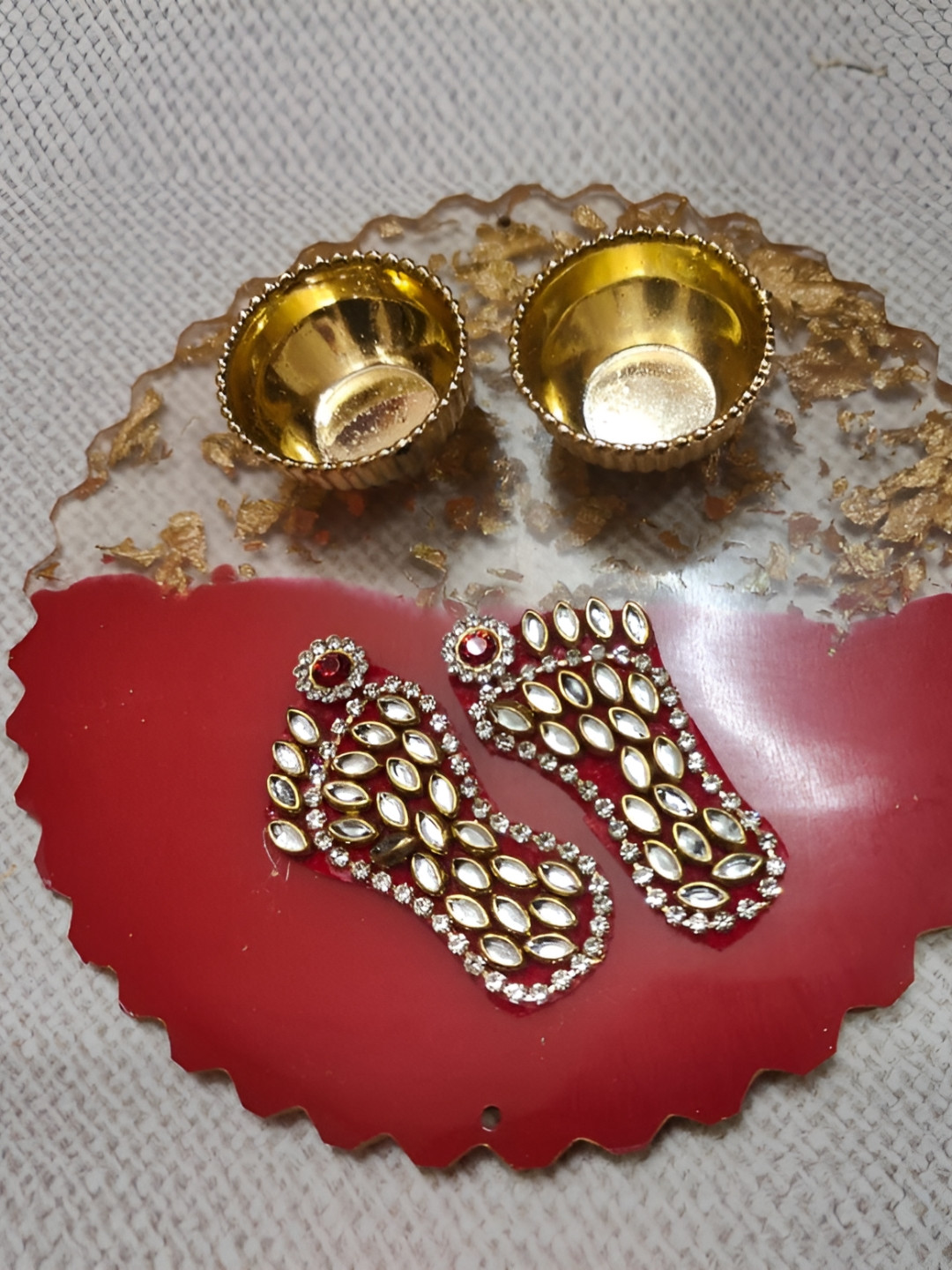 Nutts Red Resin Art Platter With Laksmi Foot & Roli Chawal Bowl