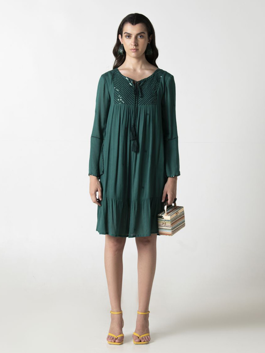 STIL O STITCH Women Embellished Bell Sleeve Shift Knee Length Dress