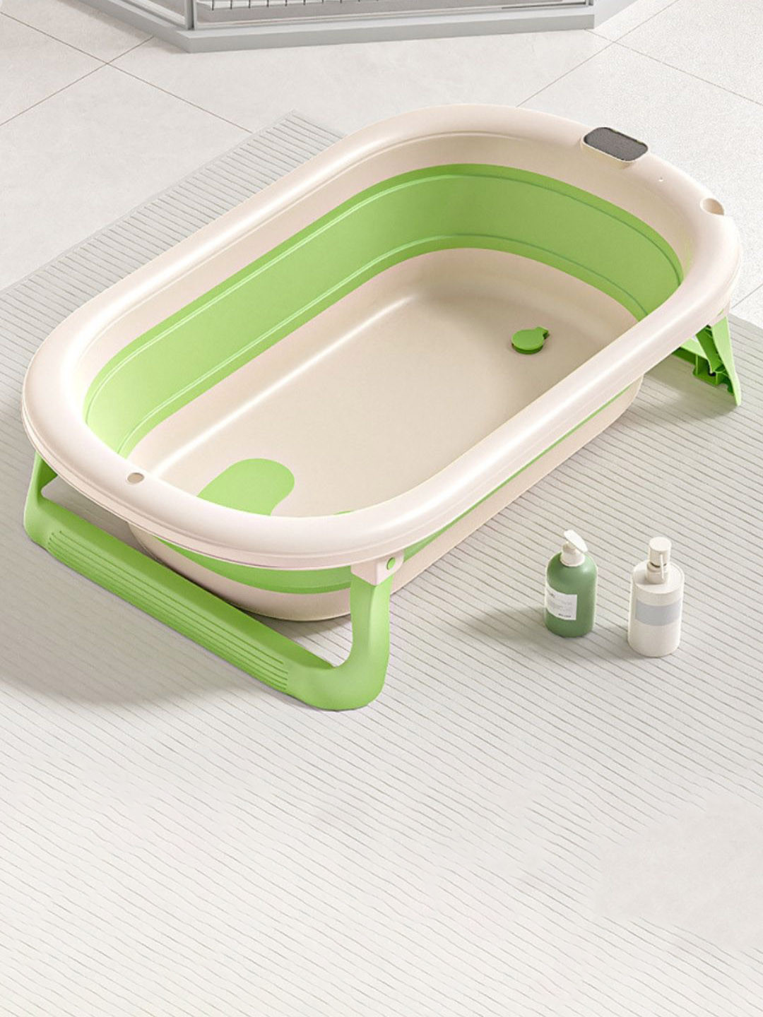 GUCHIGU Kids Green & Off White Anti-Slip Foldable Bath Chair & Suction Base Bath Tub
