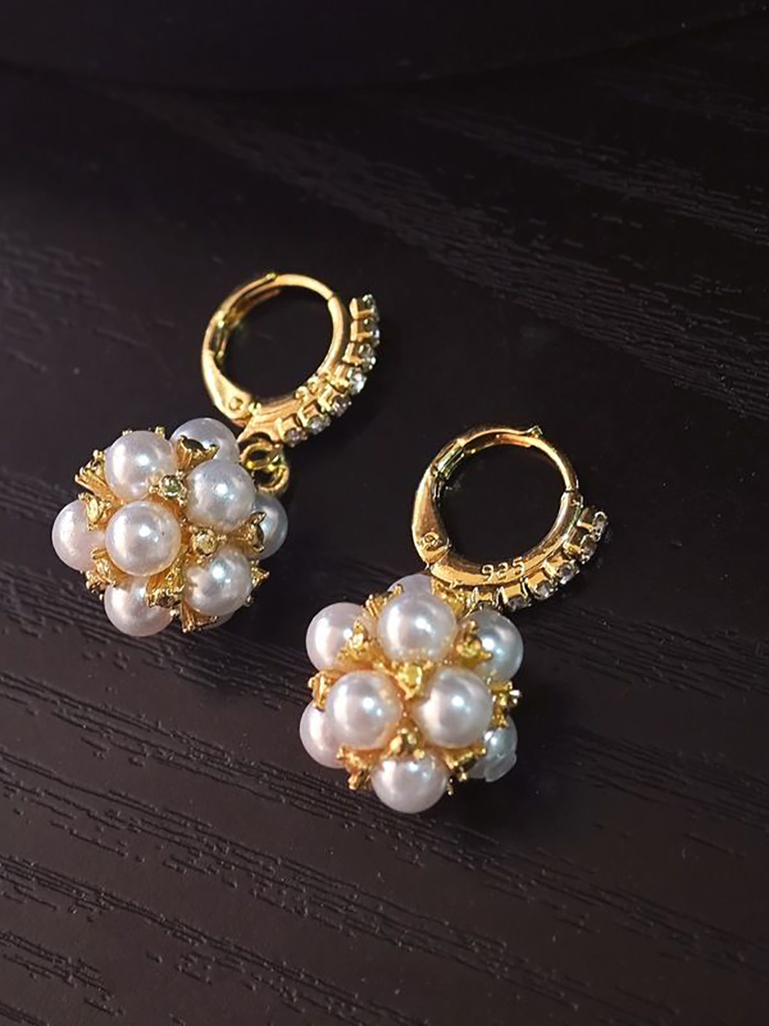 DIVASTRI Gold-Plated American Diamond Studded And Pearls Beaded Circular Hoop Earrings