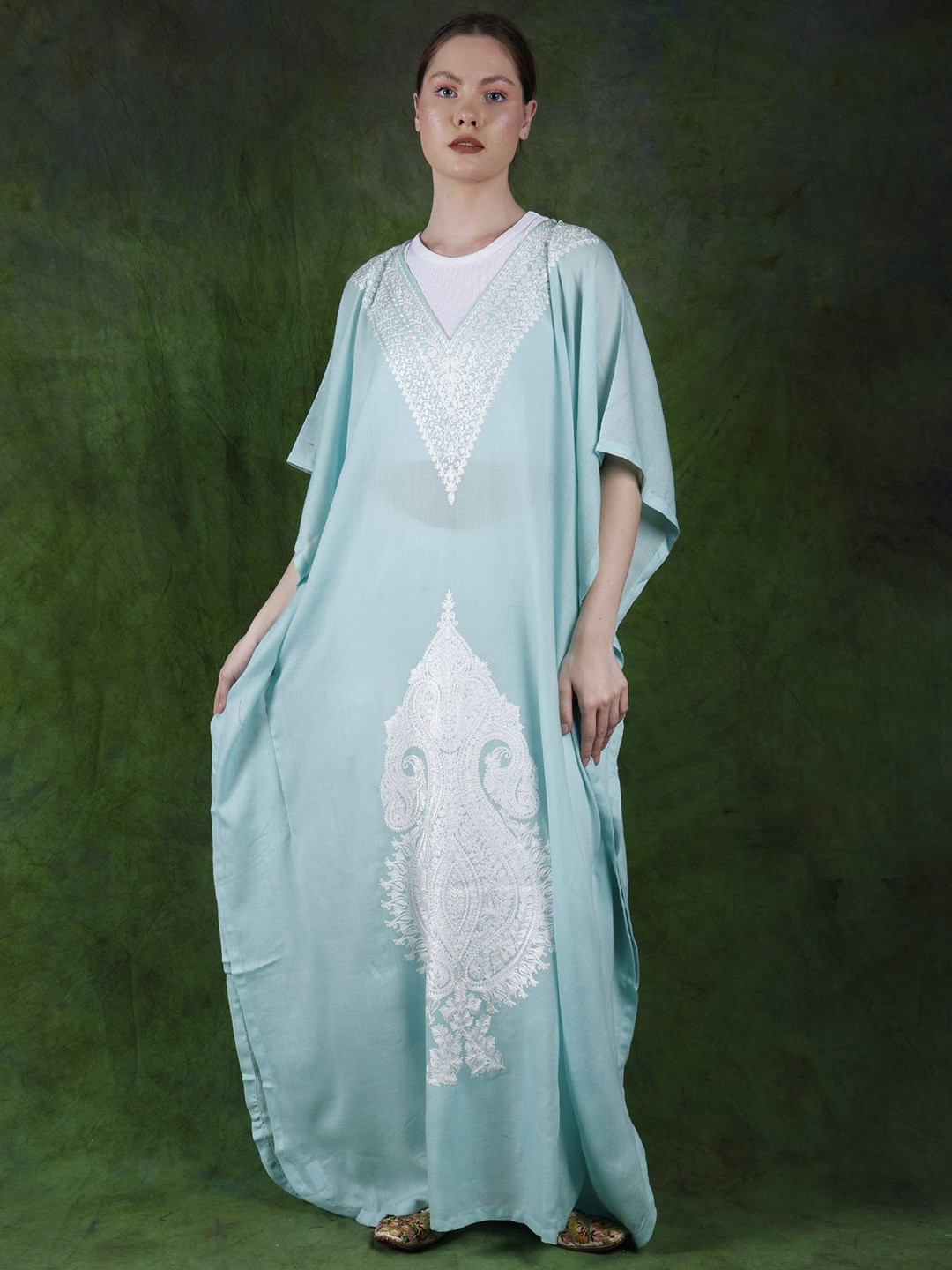 Exotic India Women Fine Wool Long Kaftan from Srinagar With Kalka Aari Embroidery Dress