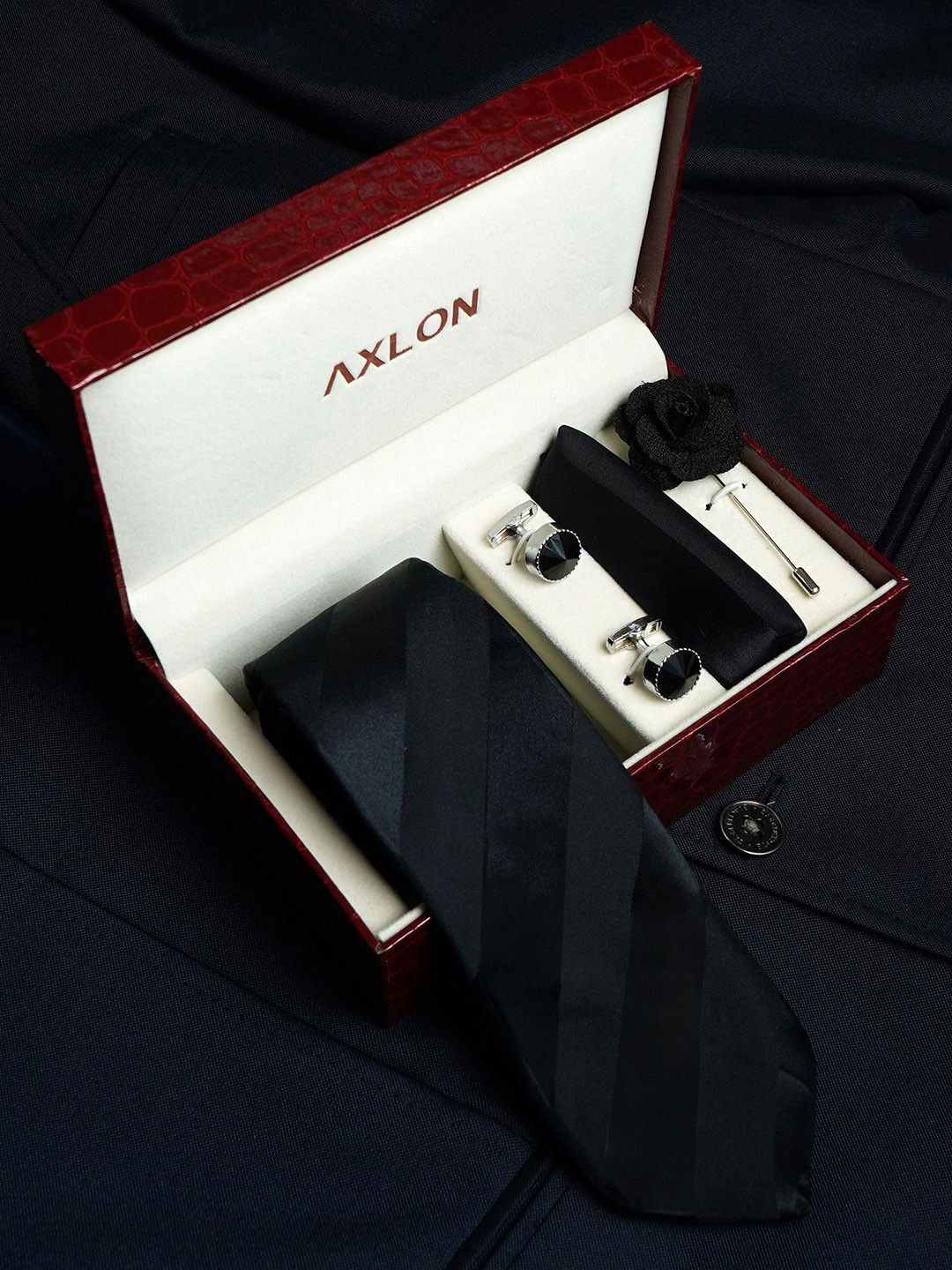Axlon Men Striped Tie & Pocket Square  Cufflink & Flower Pin Accessory Gift Set