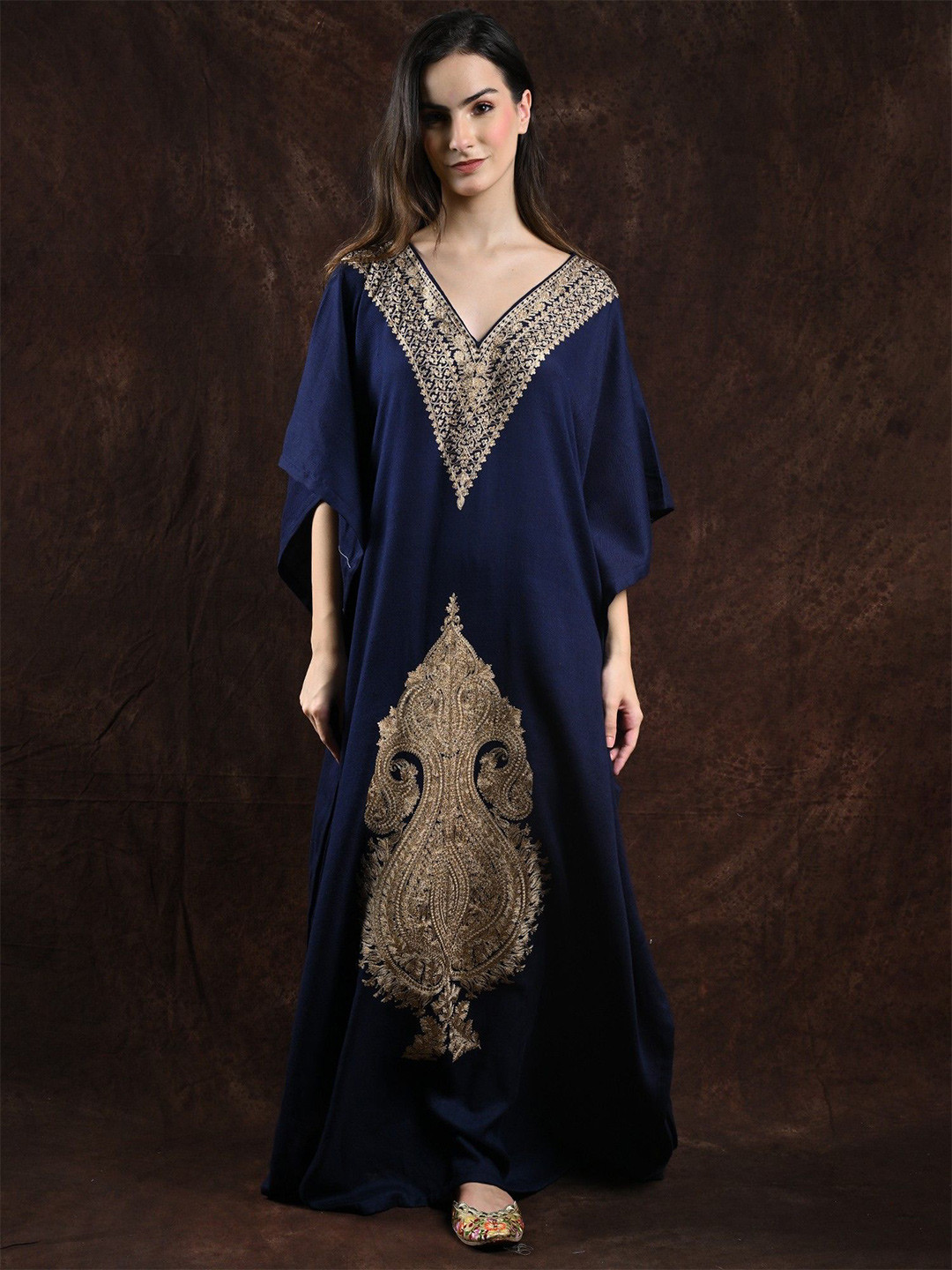 Exotic India Fine Wool Long Kaftan from Srinagar with Kalka Aari Embroidery Dress