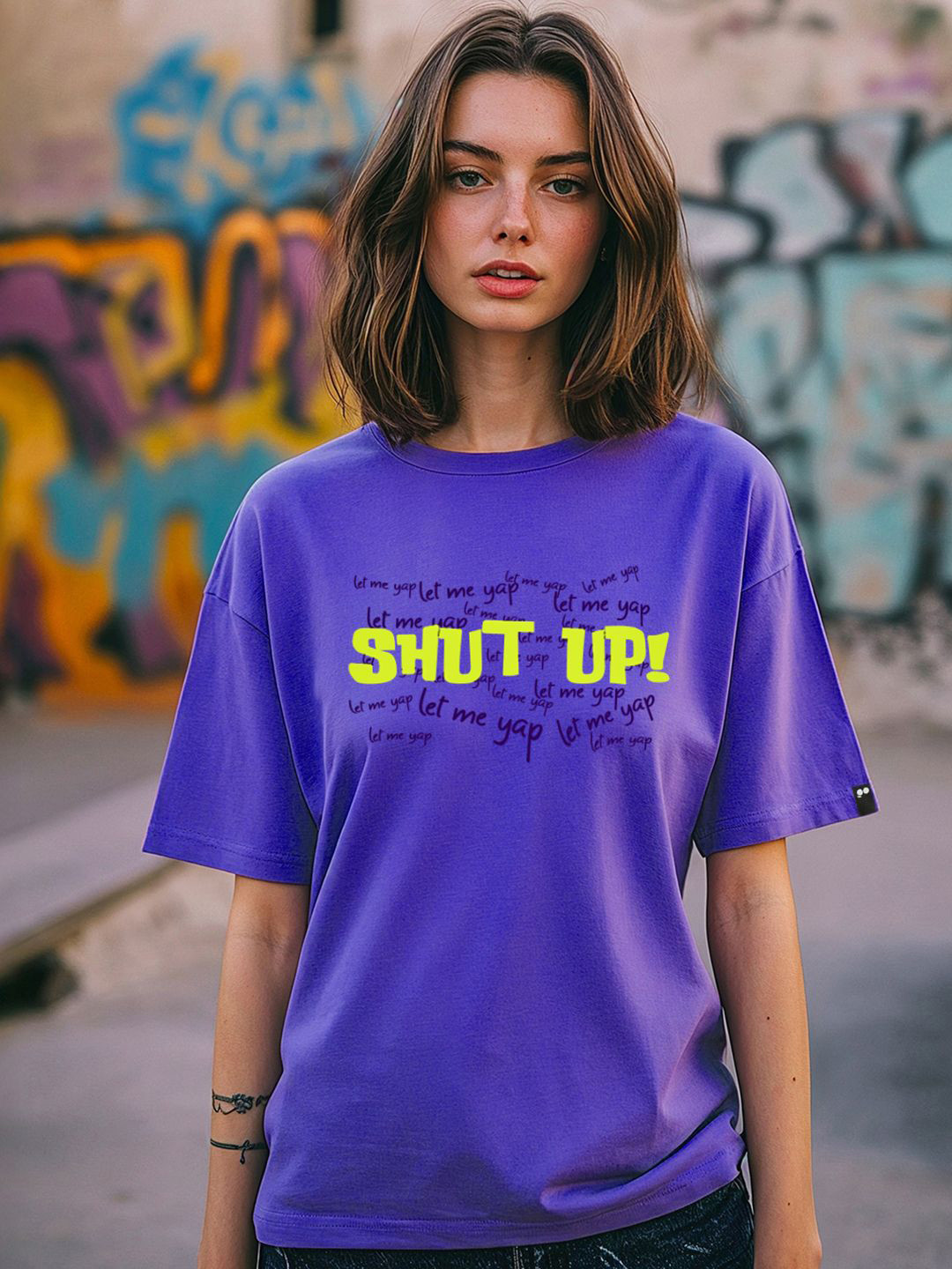 Bewakoof Women's Blue Shut Up Typography Oversized T-shirt
