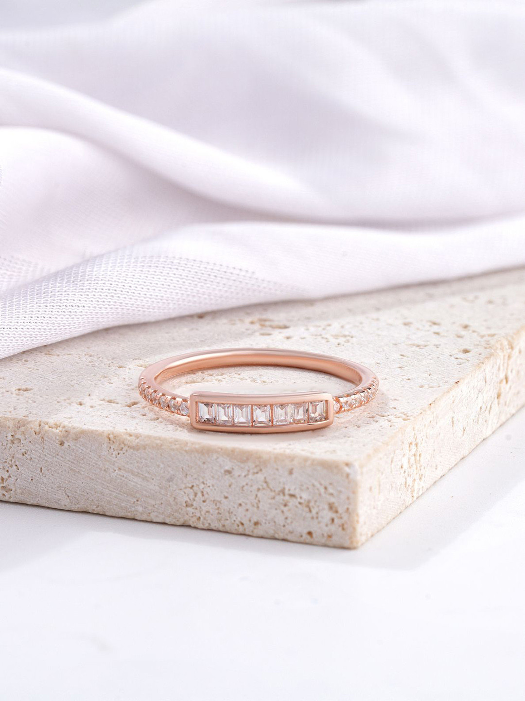 CAUER 925 Sterling Silver Rose Gold-Plated Cz-Studded Finger Ring
