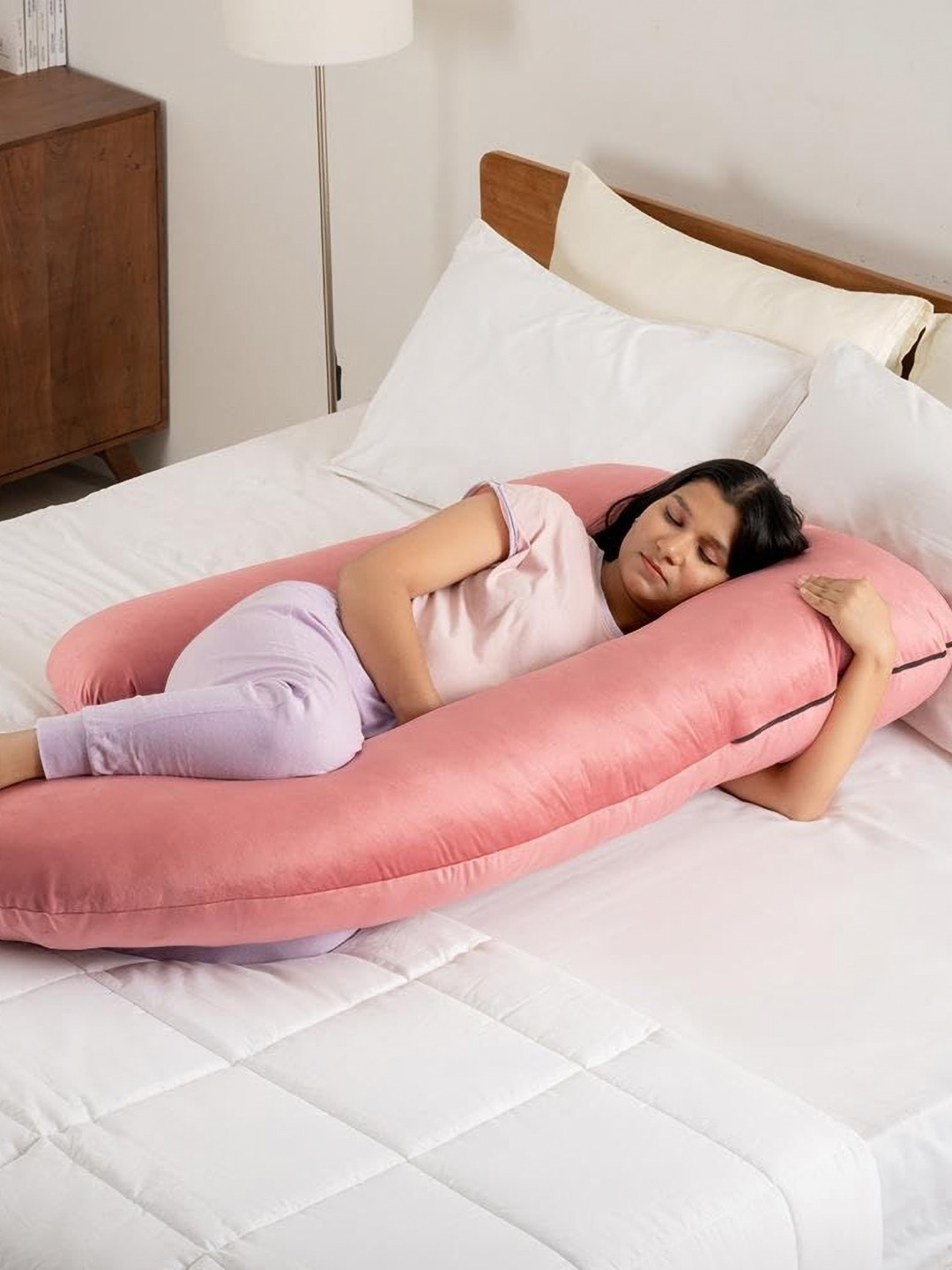 wakefit Pink Fibre Filled Faux Velvet J Shaped Maternity Pillow