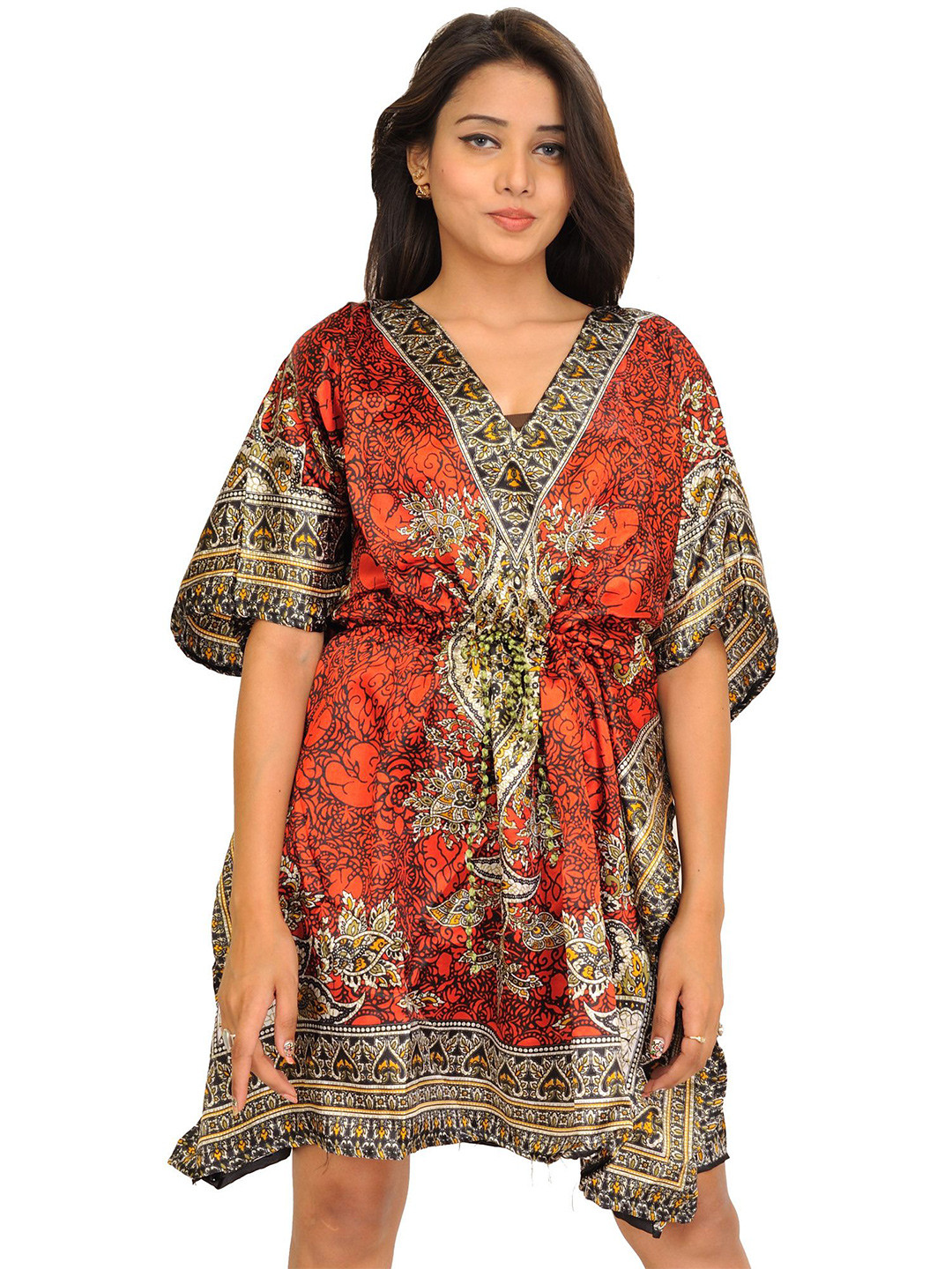 Exotic India Women Ethnic Motifs Print Short Boho Kaftan Dress with Dori On Waist