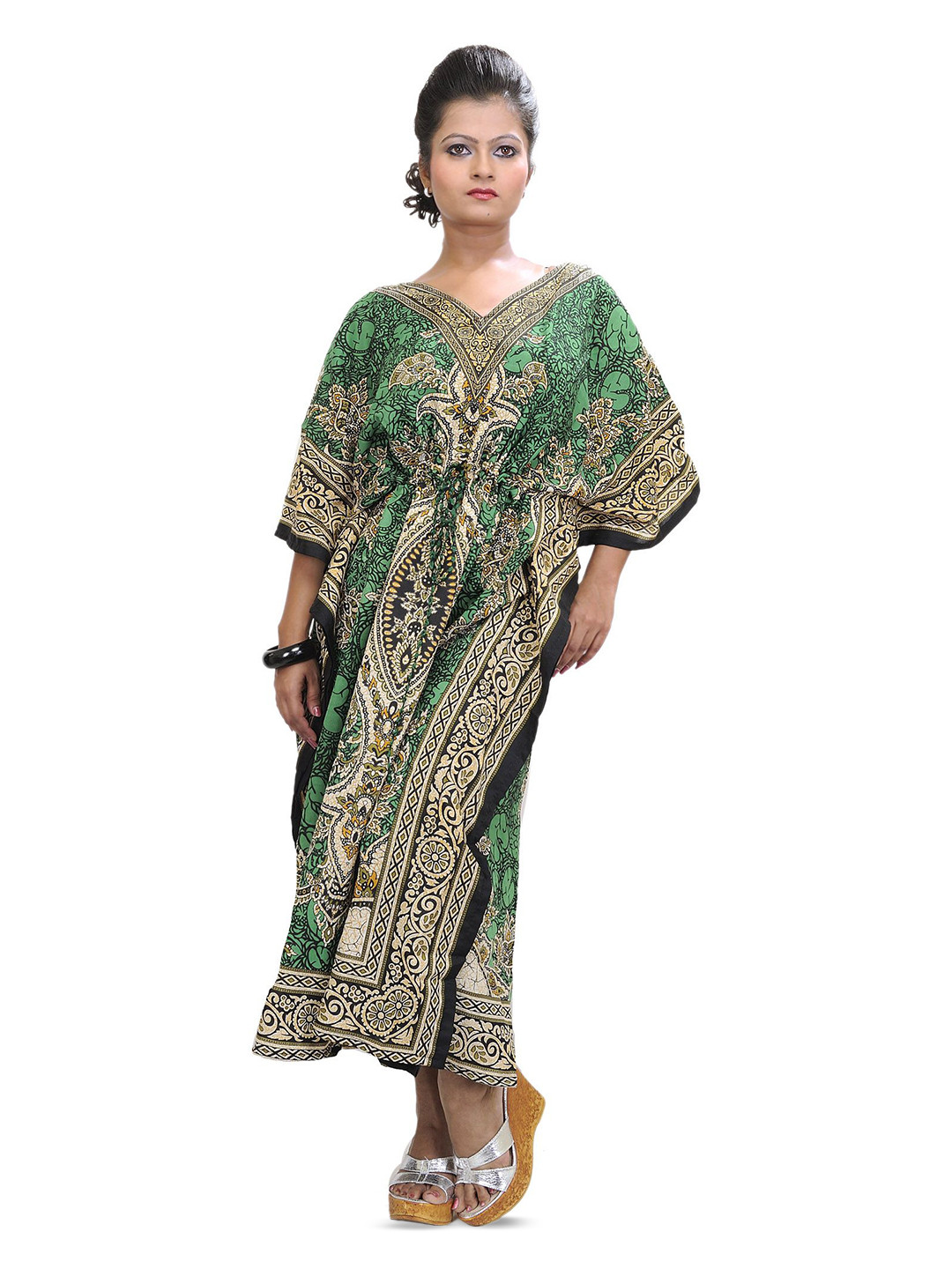 Exotic India Women Long Printed Kaftan with Dori at Waist