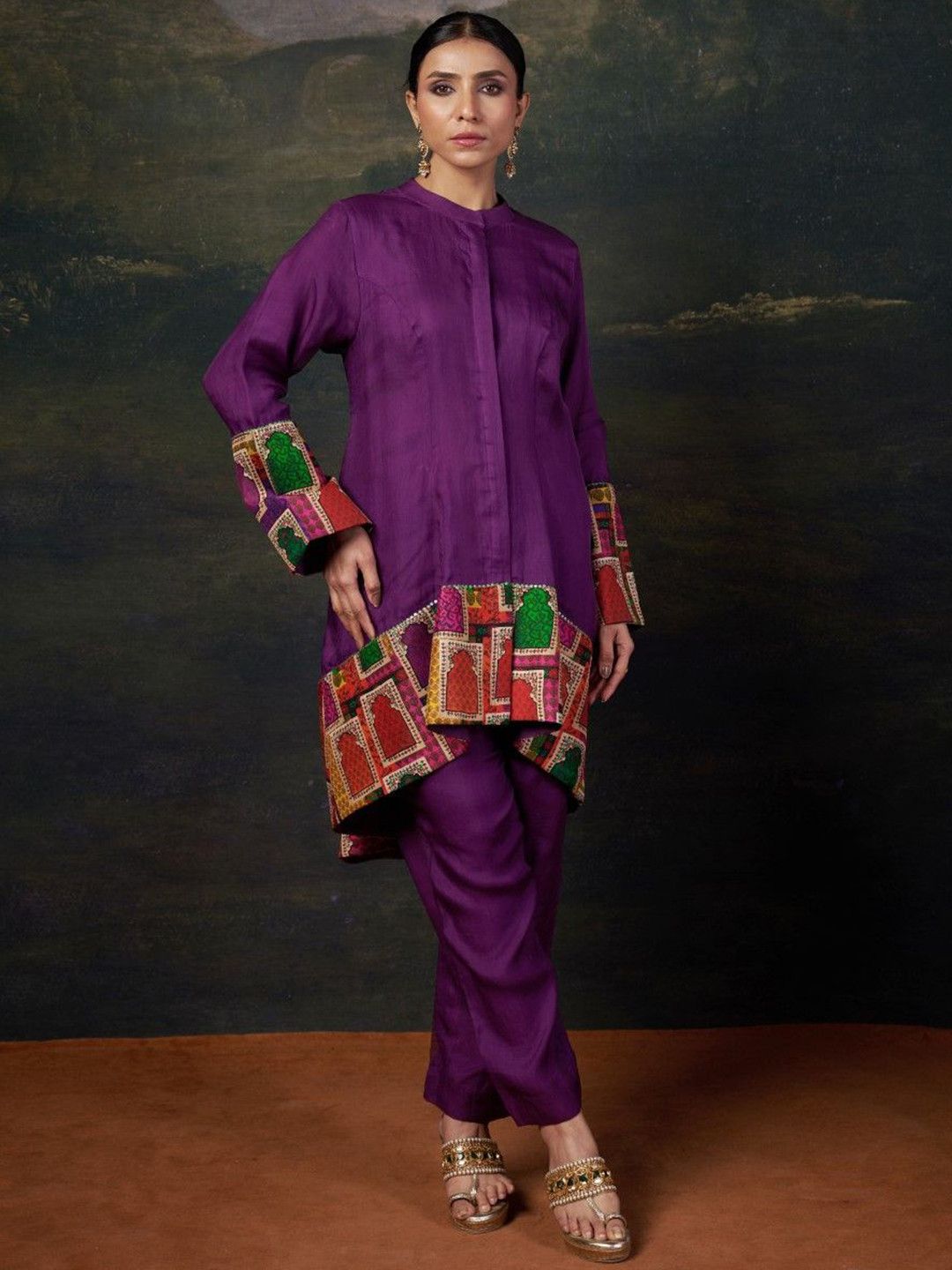 THETAA Printed Mandarin Collar Neck Tunic With Trousers Co-Ords