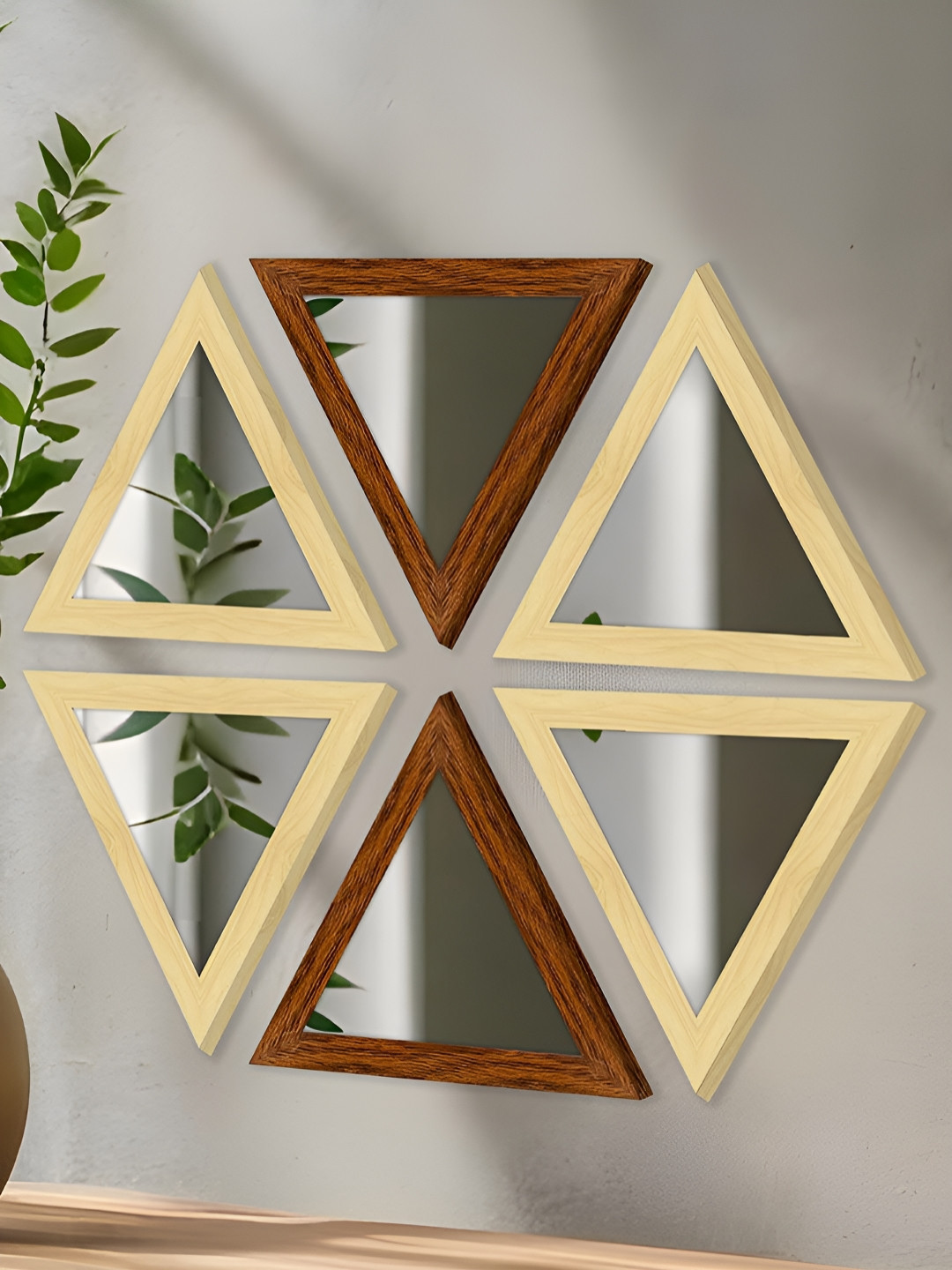 Art Street 6Pcs Brown & Cream-Colored Triangle Shape Wooden Wall Mirrors