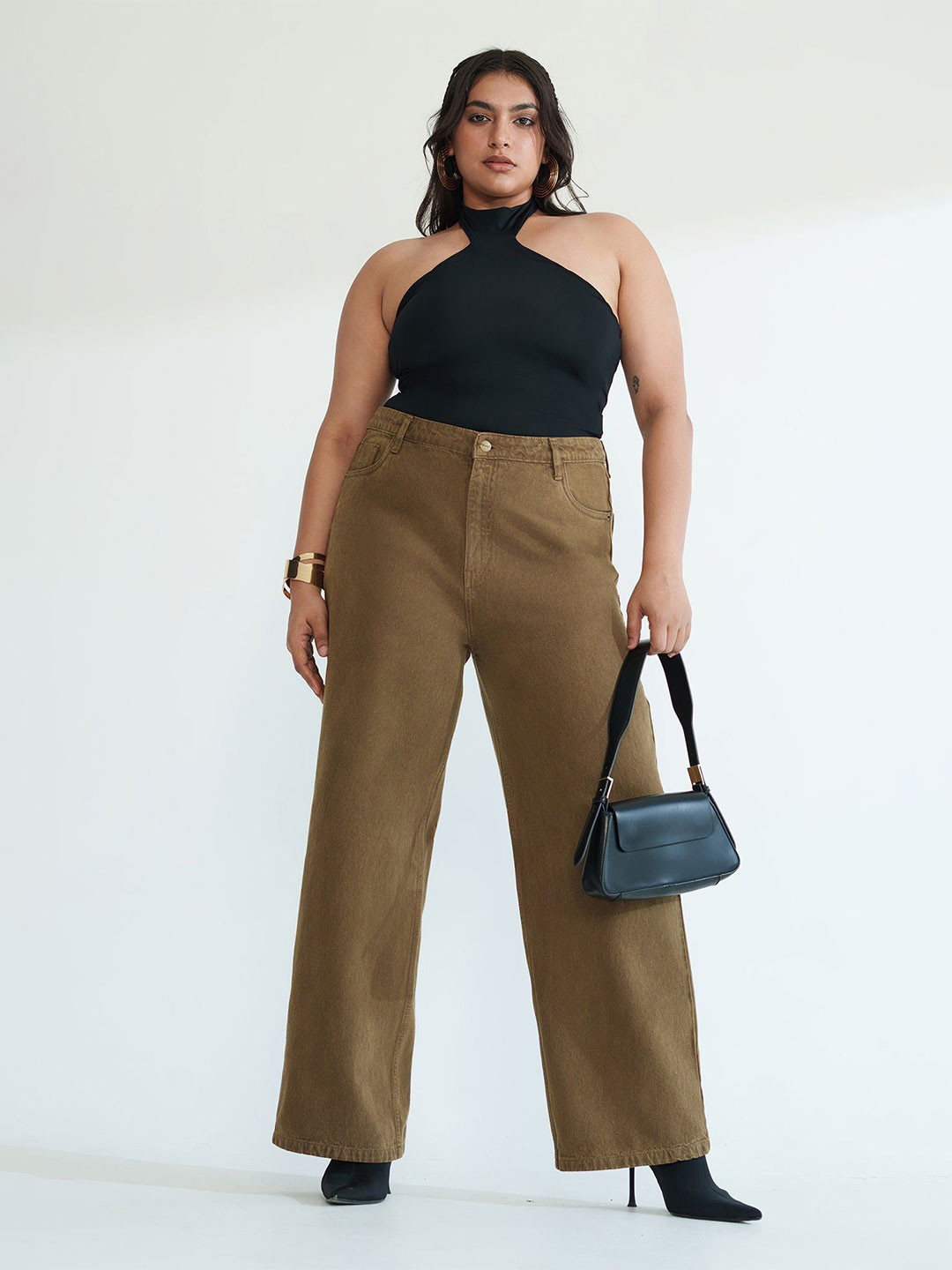 FREAKINS Women Plus Size Curve Muted Brown Pure Cotton Straight Jeans