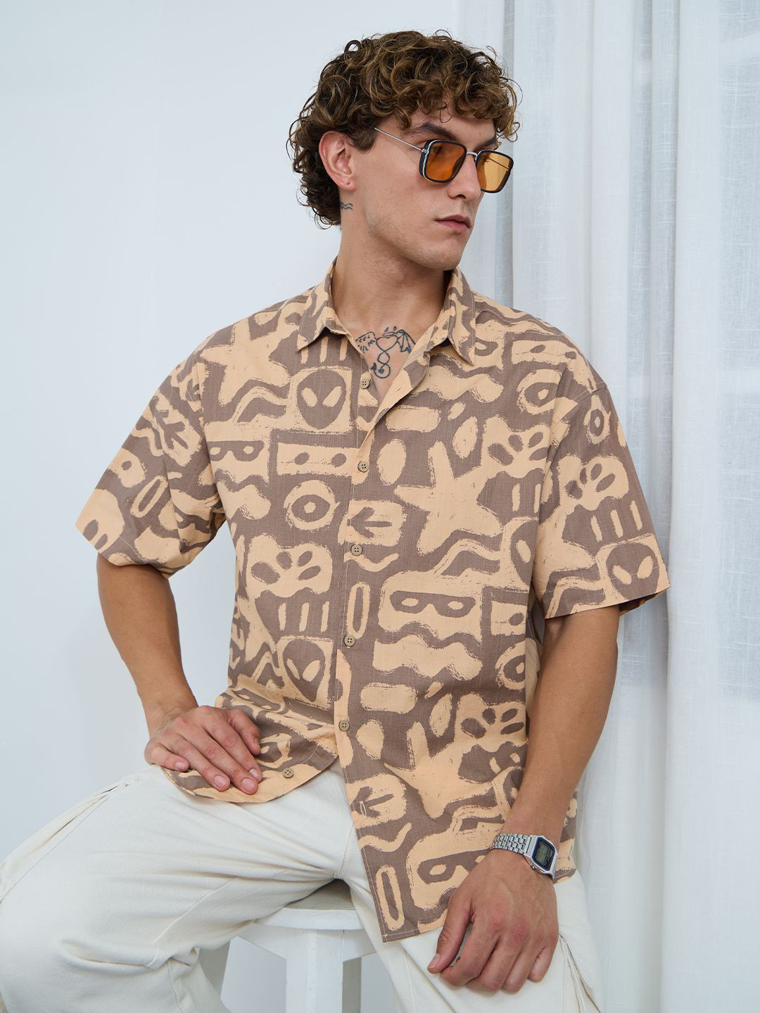 The Souled Store  Men Oversized Shirt: Marine Beige Oversized Fit Shirt