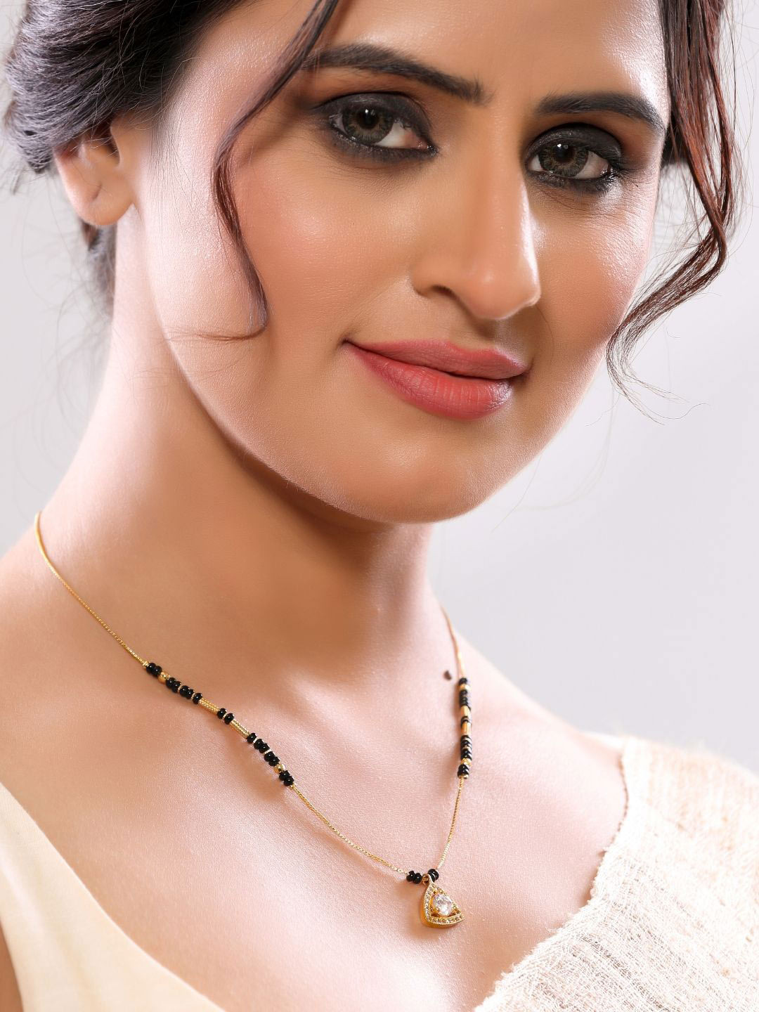 INC63 Gold-Plated American Diamond-Studded & Beaded Mangalsutra