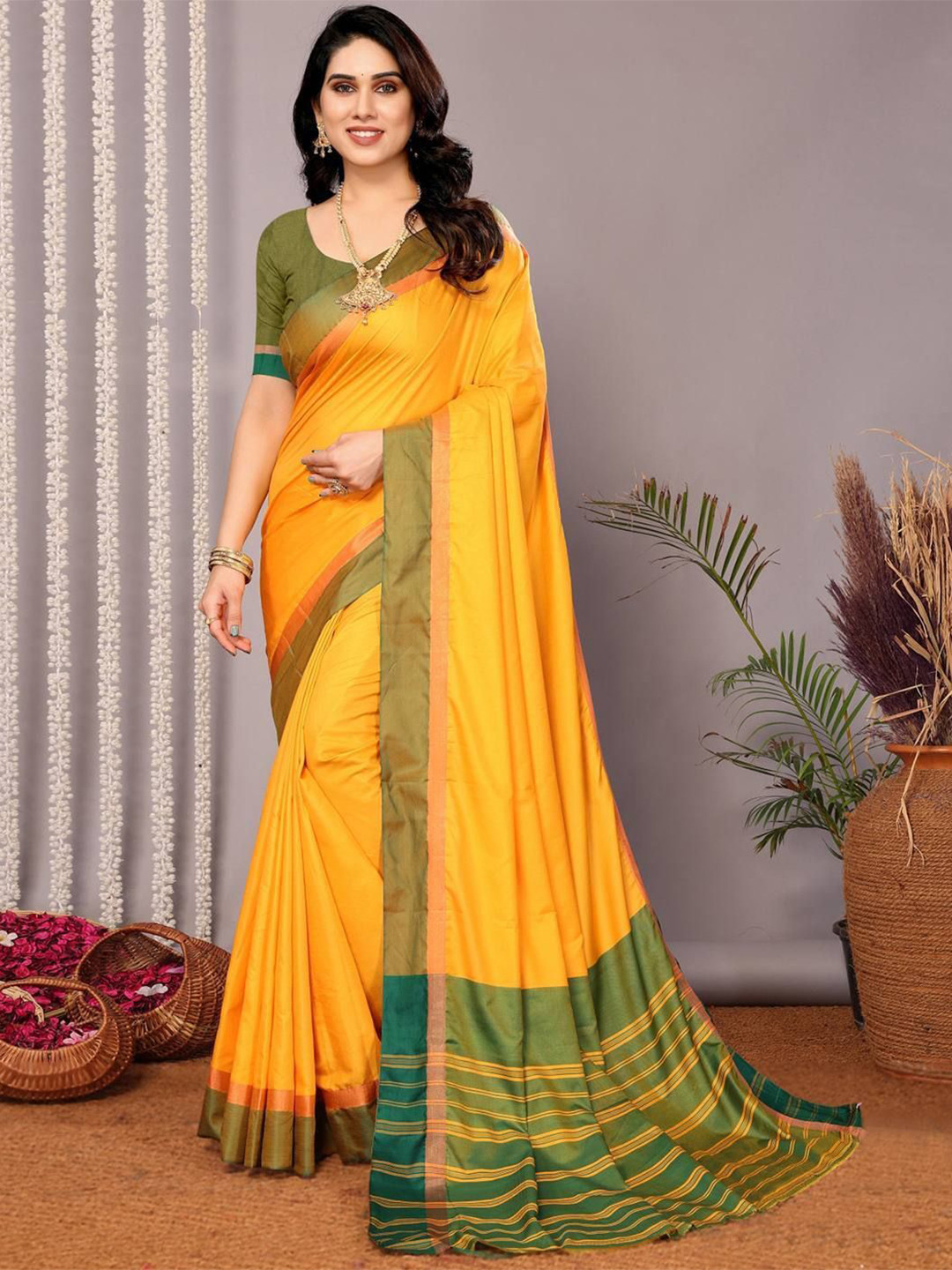 IndianRang Solid Saree with Zari Border & Unstitched Blouse Piece