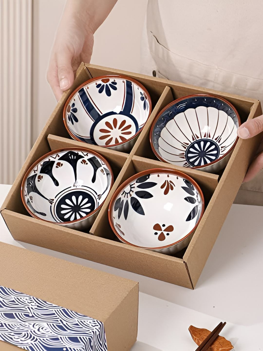 Femora White & Maroon 4 Pieces Porcelain Dishwasher and Microwave Safe Serving Bowl