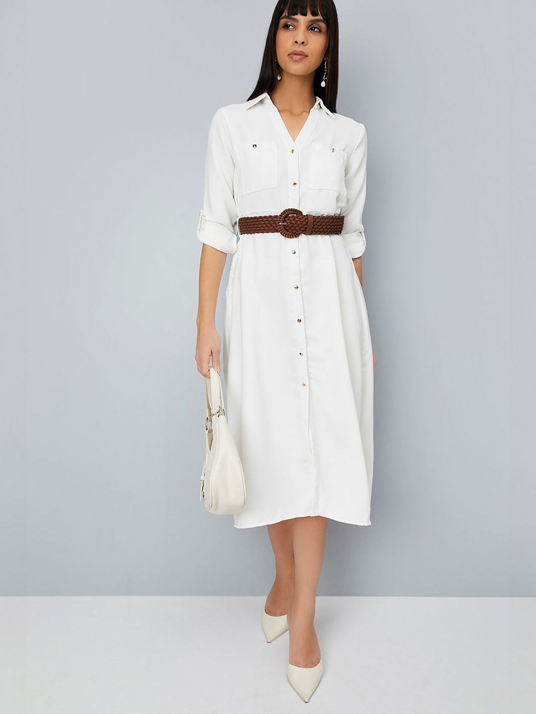 max Women Roll-Up Sleeves Utility Pockets Shirt Midi Dress With Belt