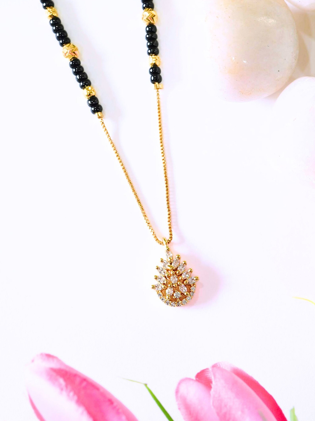 INC63 Gold-Plated American Diamond-Studded & Beaded Mangalsutra