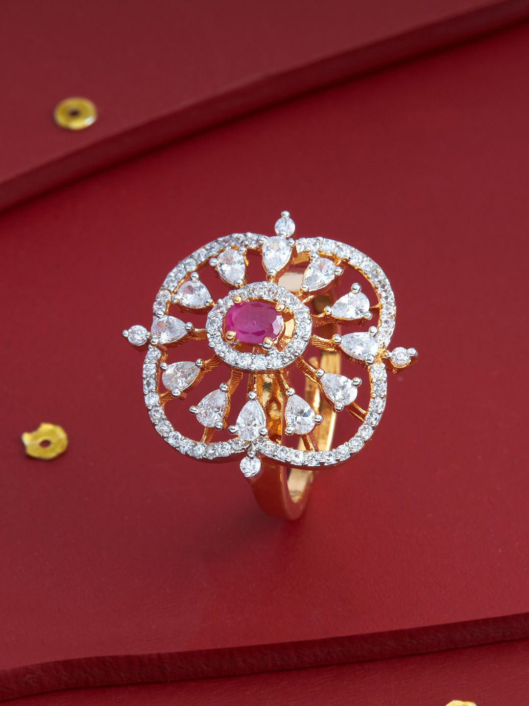Kushal's Fashion Jewellery Gold-Plated Party Zircon & Ruby-Studded Finger Ring