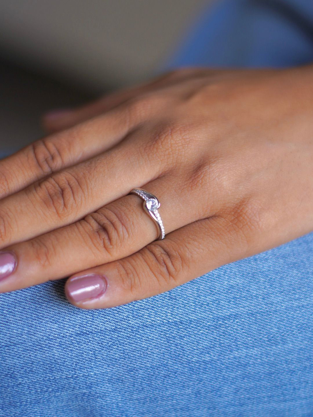 Tora  92.5 Silver Rhodium-Plated Cubic Zirconia-Studded Finger Ring