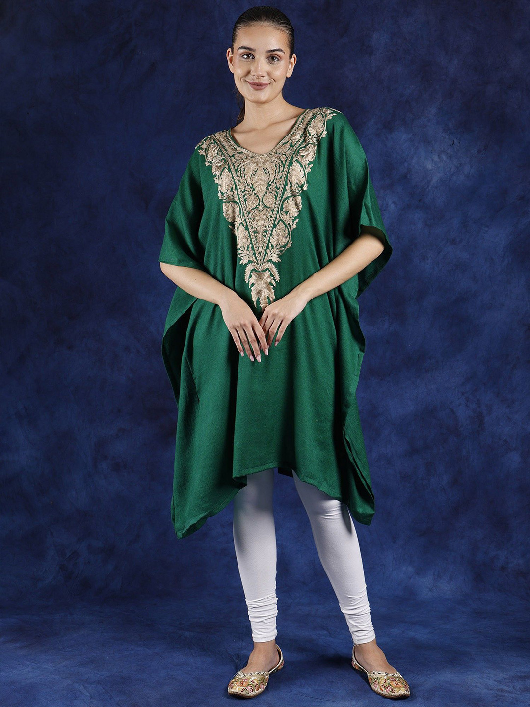 Exotic India Women Pure Wool  Kashmiri Short Kaftan Dress with Tilla Embroidery on Neck