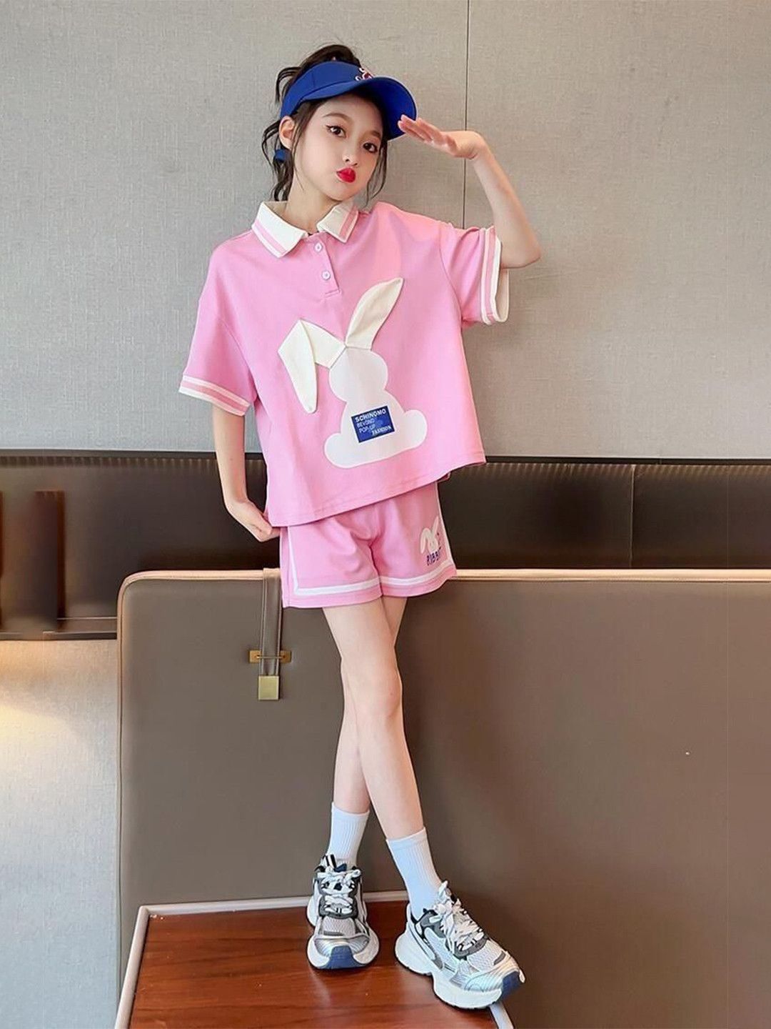 POP STREET KIDS Kids Bunny Ear Printed Polo Collar T-Shirt With Shorts